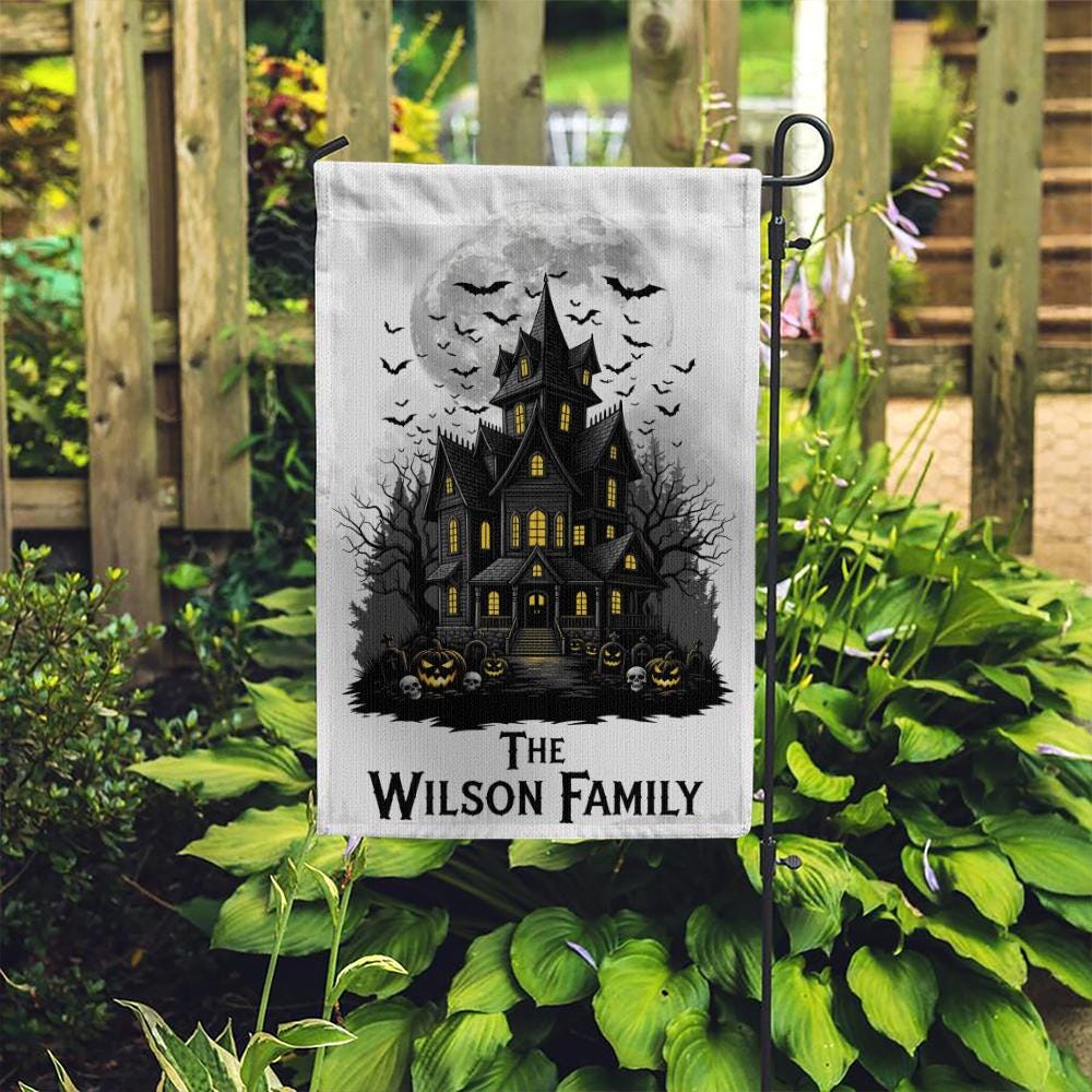 Personalized Haunted House Garden Flag, Custom Family Halloween Decor, Spooky Yard Banner, Moon & Bats