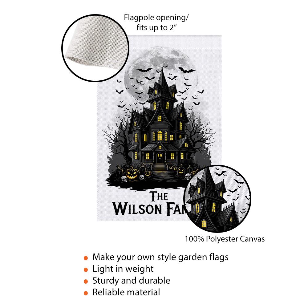 Personalized Haunted House Garden Flag, Custom Family Halloween Decor, Spooky Yard Banner, Moon & Bats