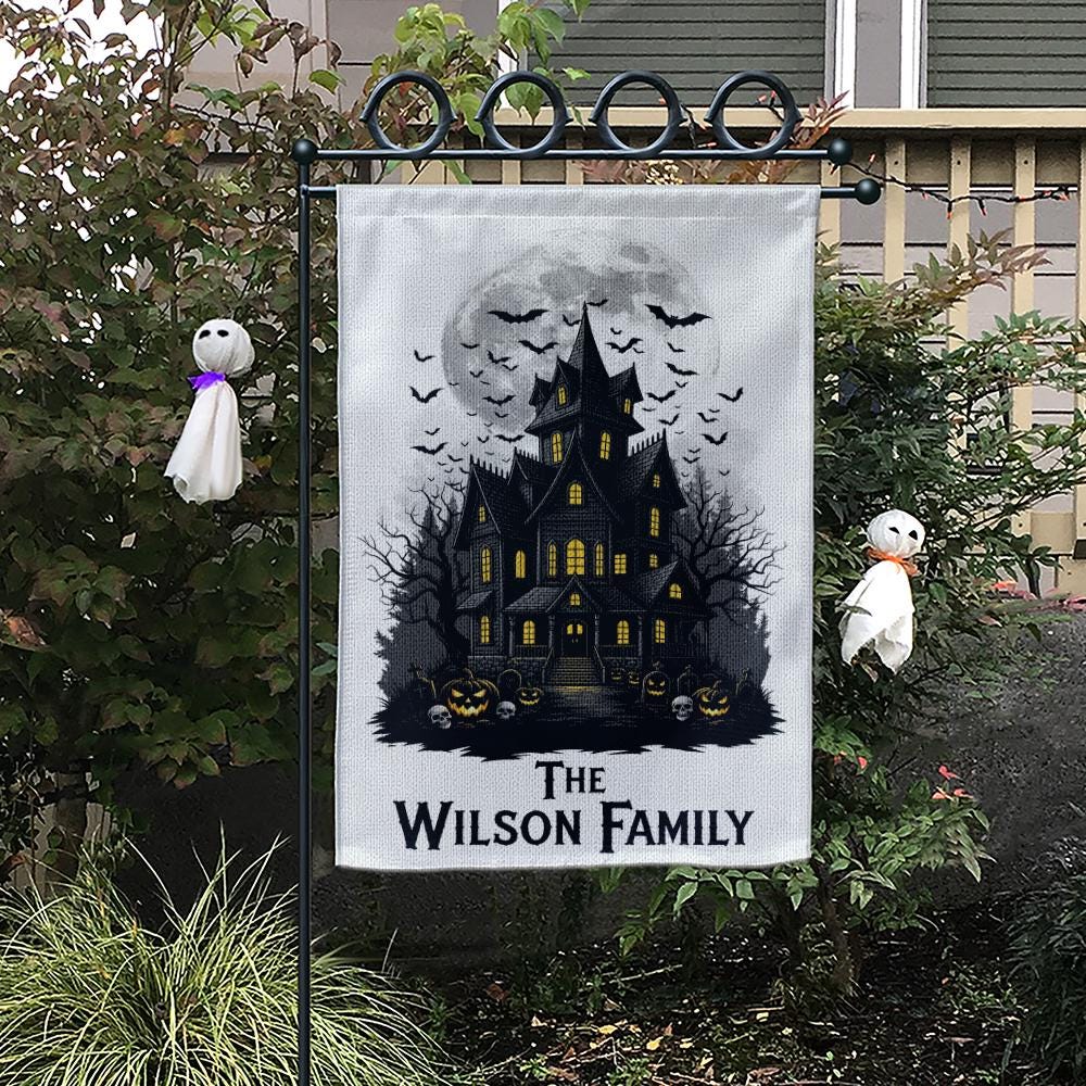 Personalized Haunted House Garden Flag, Custom Family Halloween Decor, Spooky Yard Banner, Moon & Bats