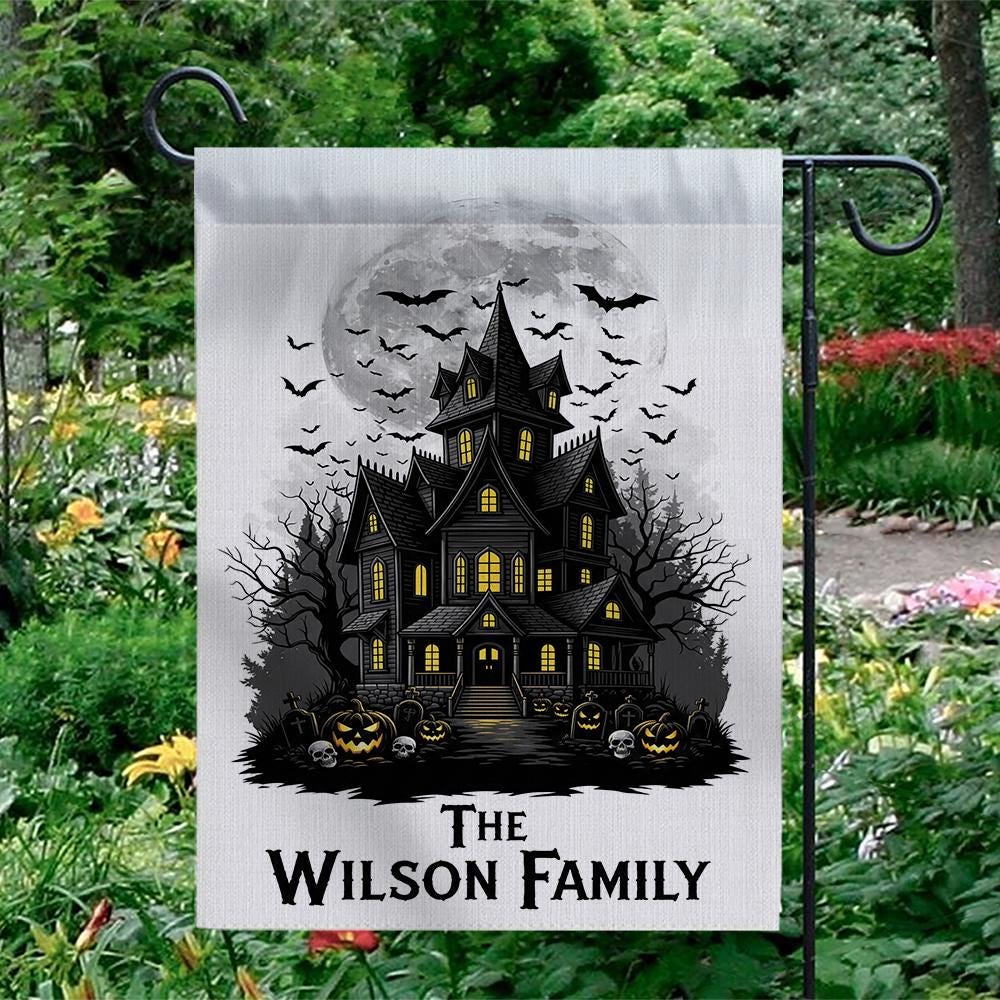 Personalized Haunted House Garden Flag, Custom Family Halloween Decor, Spooky Yard Banner, Moon & Bats