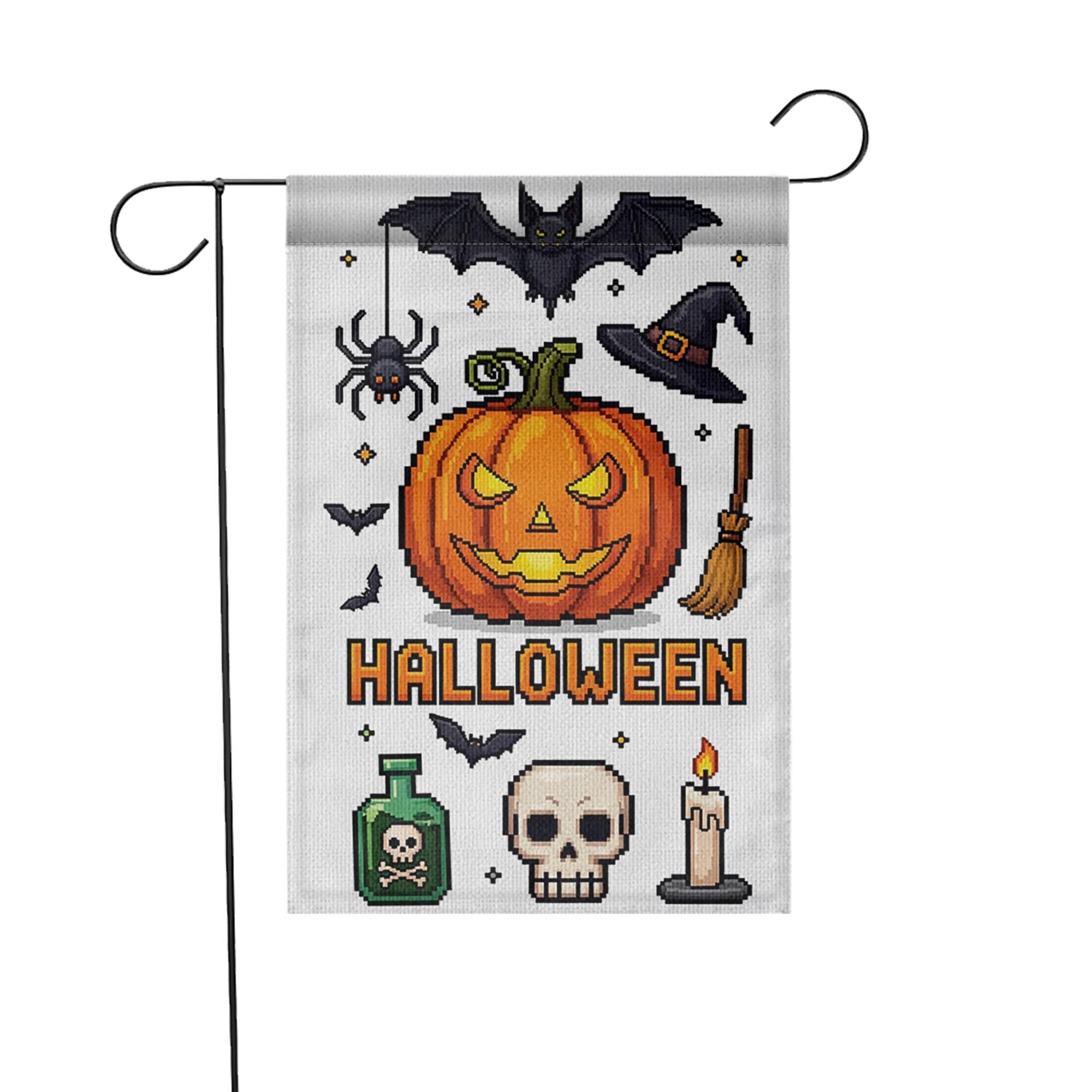 Pixel Art Halloween Garden Flag, Spooky Pumpkin Bat Spider Witch Hat, Outdoor Fall Decor Banner