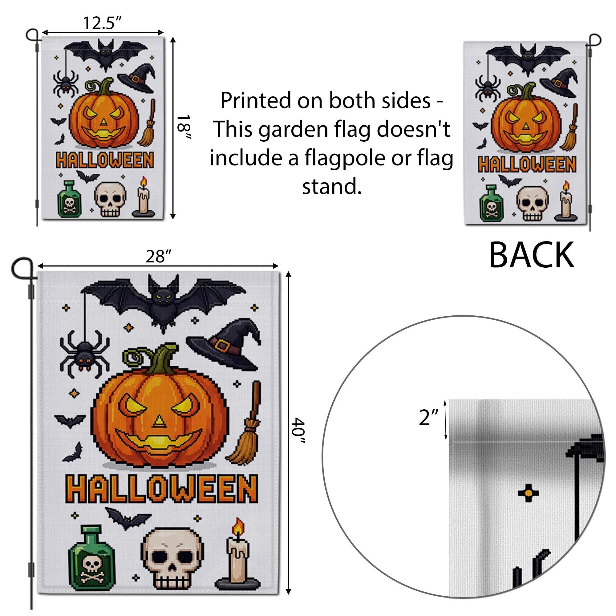 Pixel Art Halloween Garden Flag, Spooky Pumpkin Bat Spider Witch Hat, Outdoor Fall Decor Banner