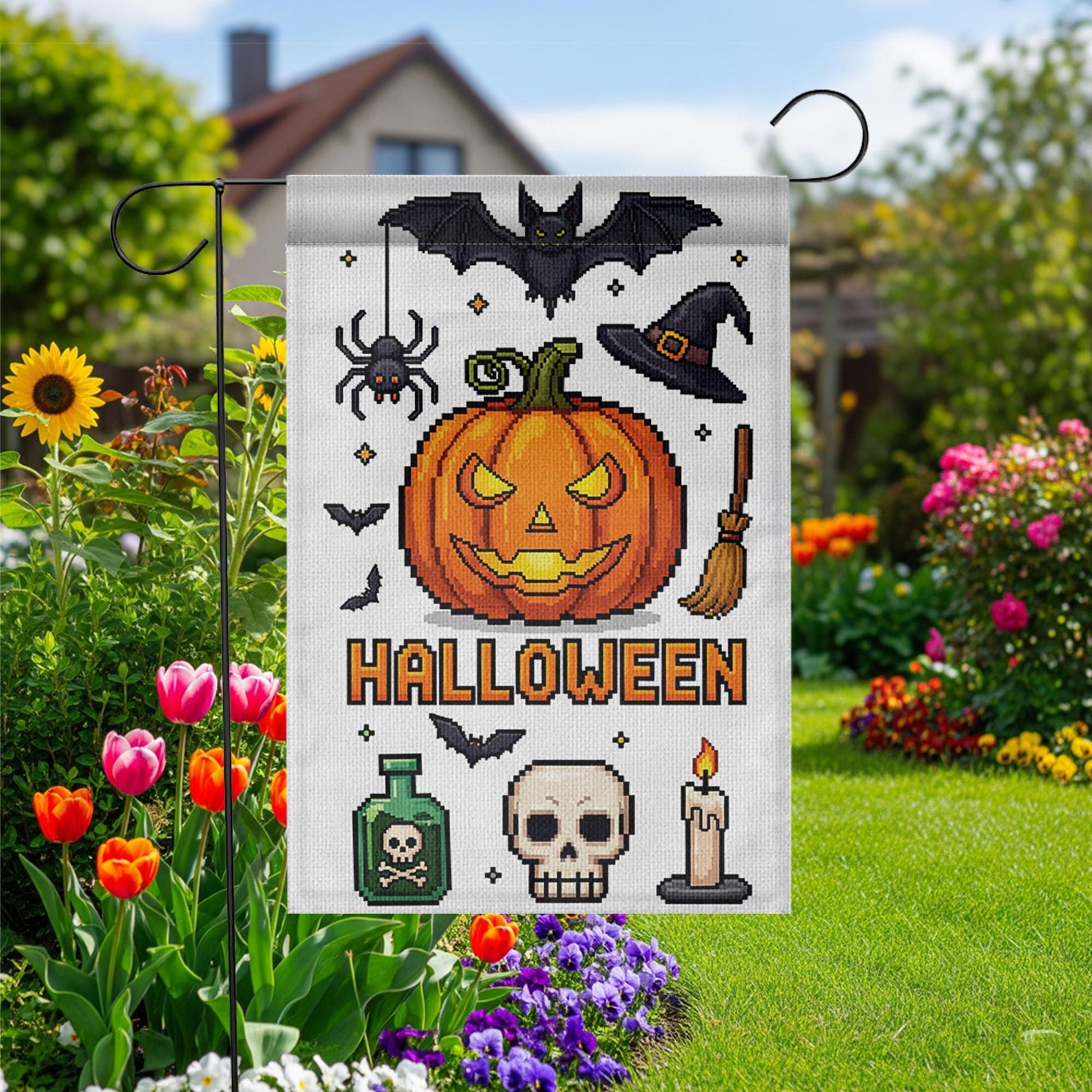 Pixel Art Halloween Garden Flag, Spooky Pumpkin Bat Spider Witch Hat, Outdoor Fall Decor Banner