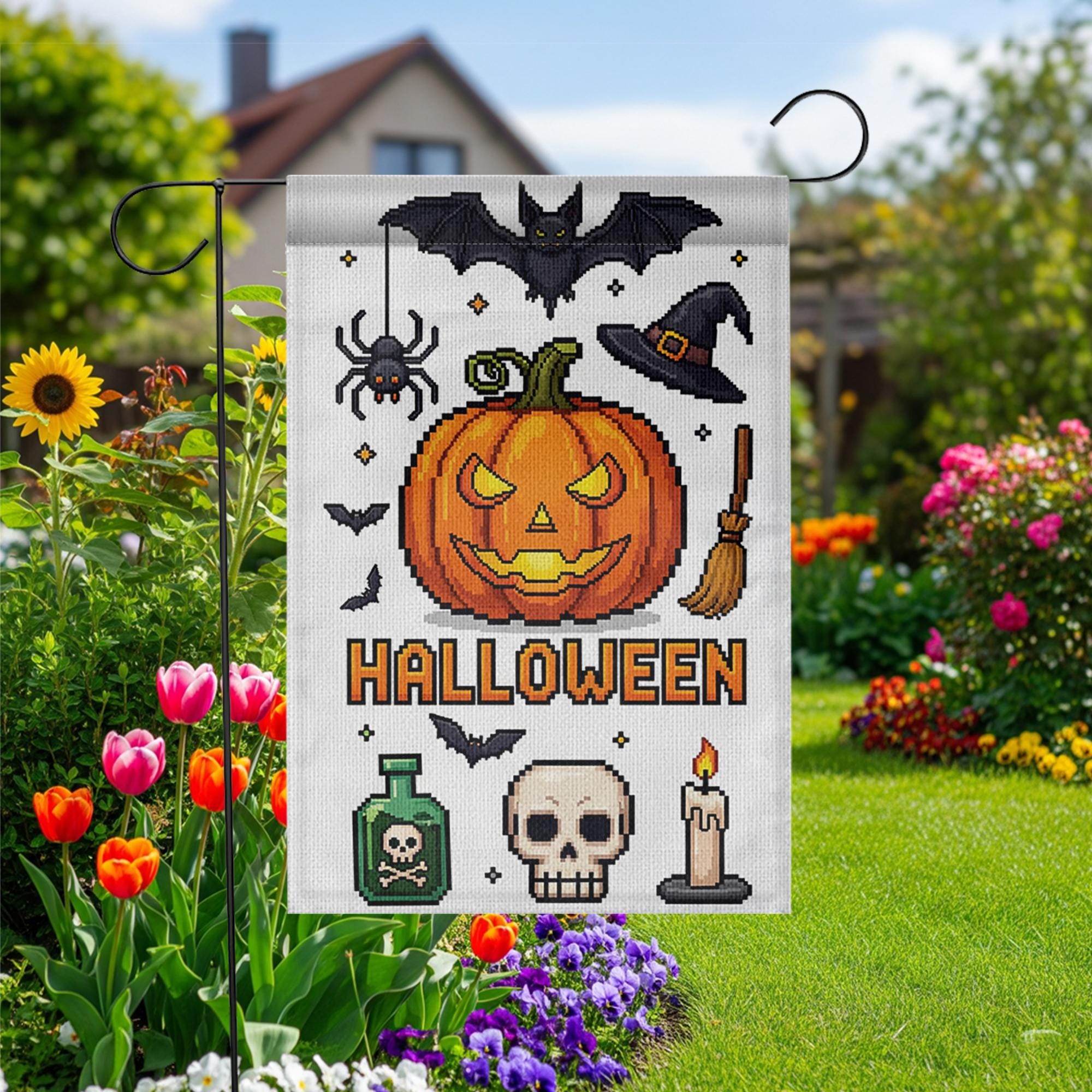 Pixel Art Halloween Garden Flag, Spooky Pumpkin Bat Spider Witch Hat, Outdoor Fall Decor Banner
