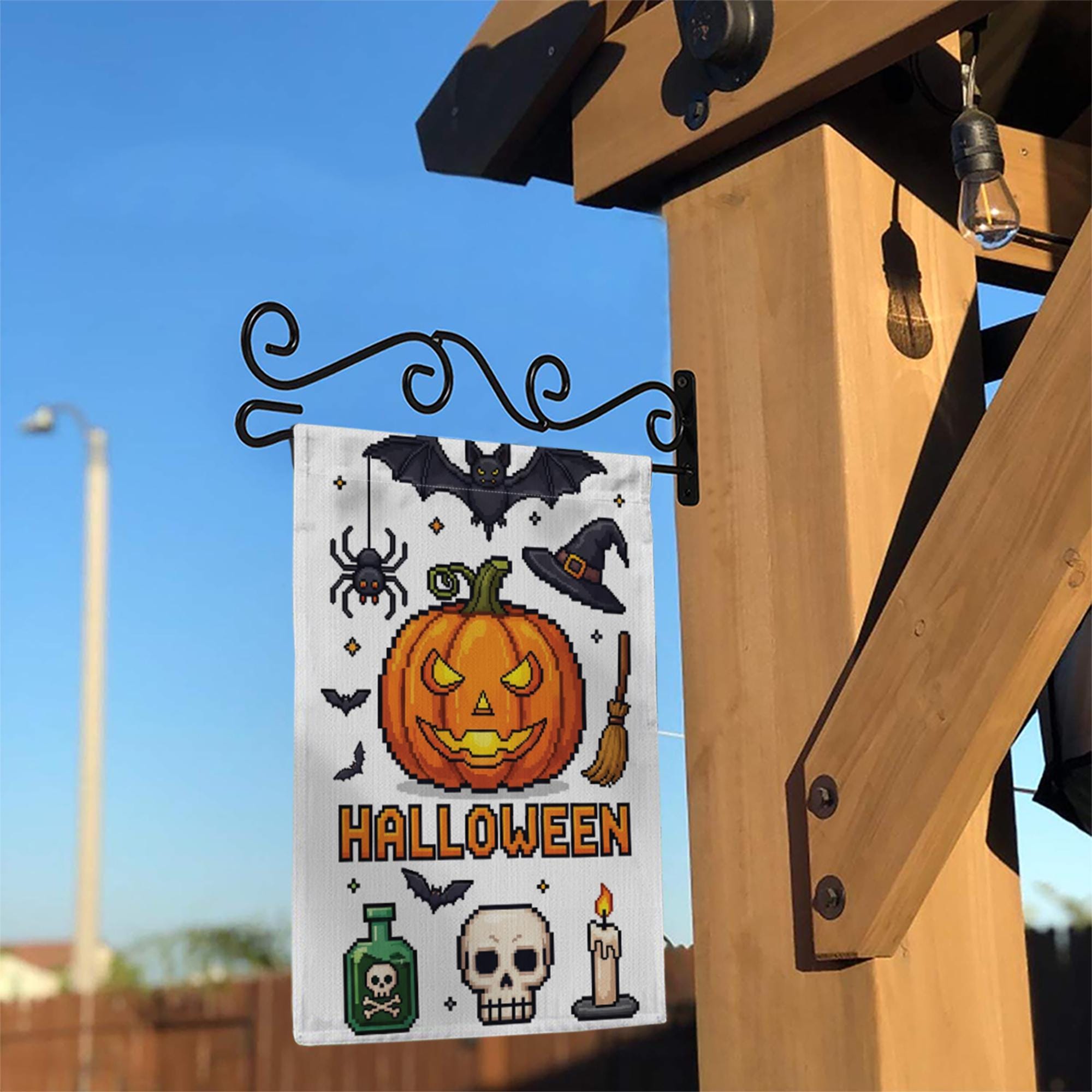 Pixel Art Halloween Garden Flag, Spooky Pumpkin Bat Spider Witch Hat, Outdoor Fall Decor Banner