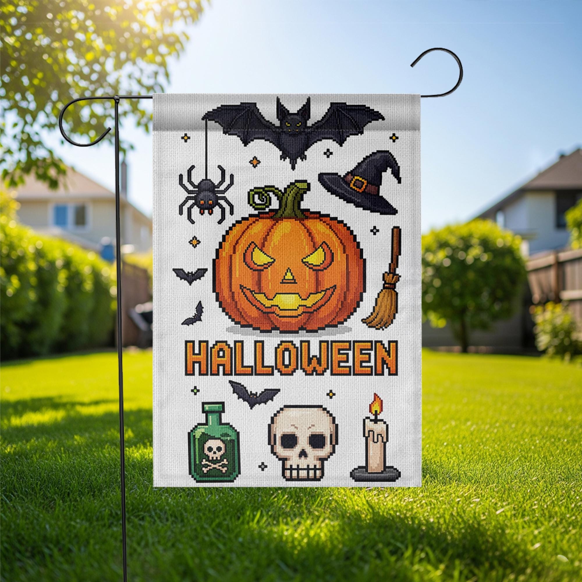 Pixel Art Halloween Garden Flag, Spooky Pumpkin Bat Spider Witch Hat, Outdoor Fall Decor Banner