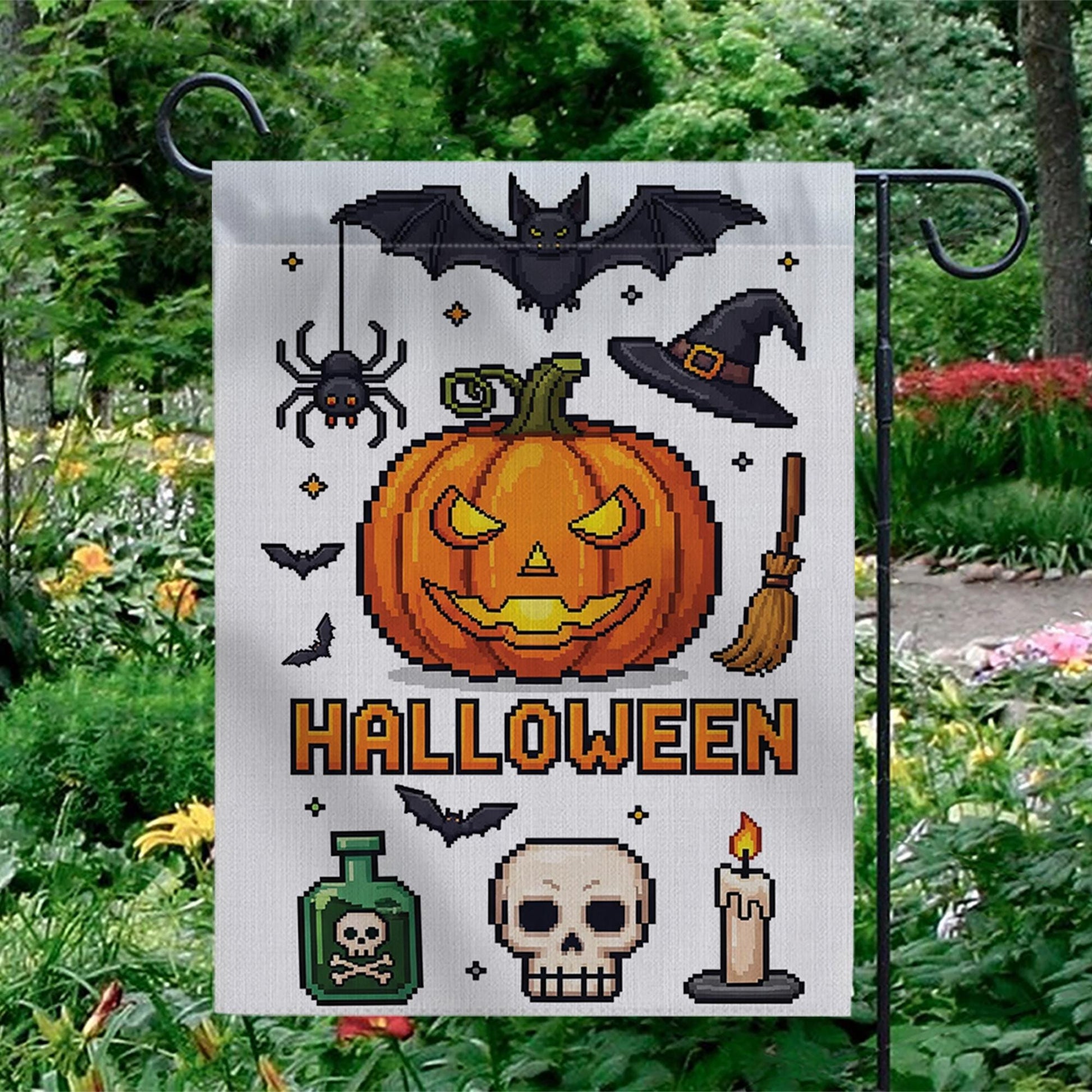 Pixel Art Halloween Garden Flag, Spooky Pumpkin Bat Spider Witch Hat, Outdoor Fall Decor Banner