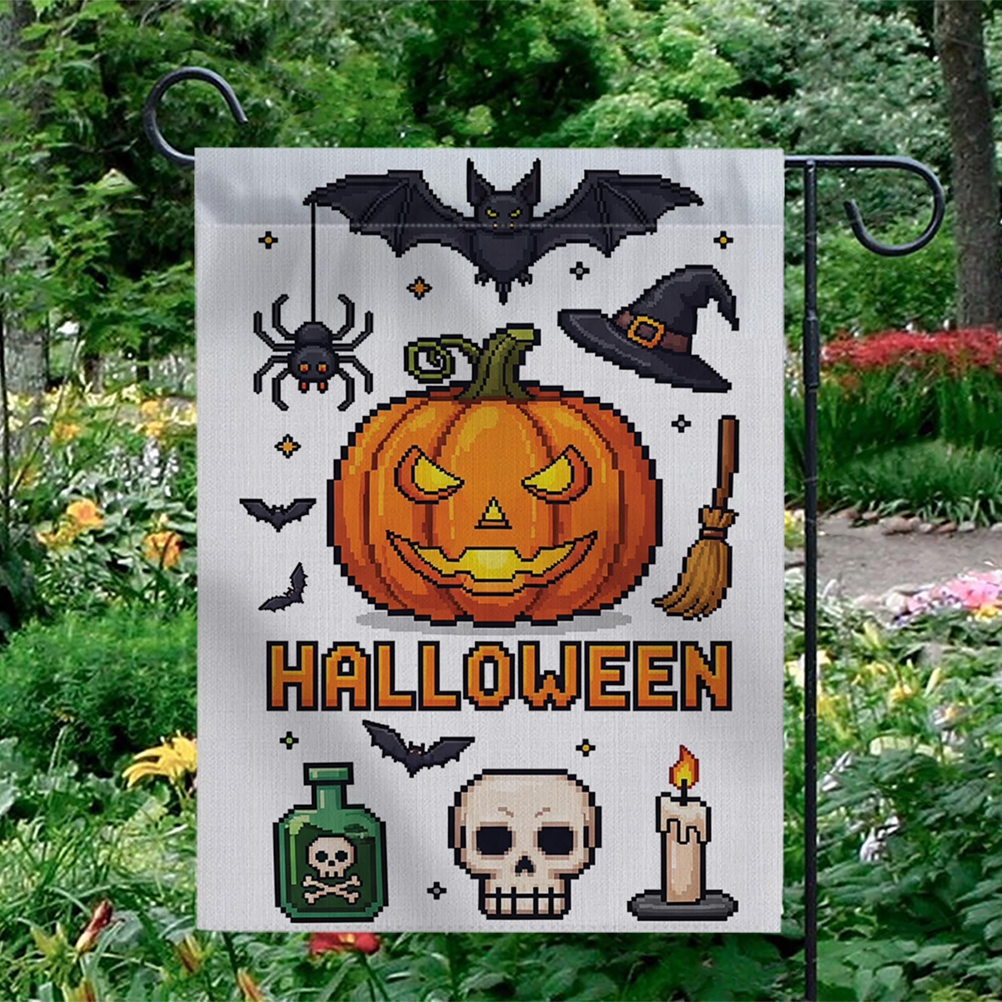 Pixel Art Halloween Garden Flag, Spooky Pumpkin Bat Spider Witch Hat, Outdoor Fall Decor Banner