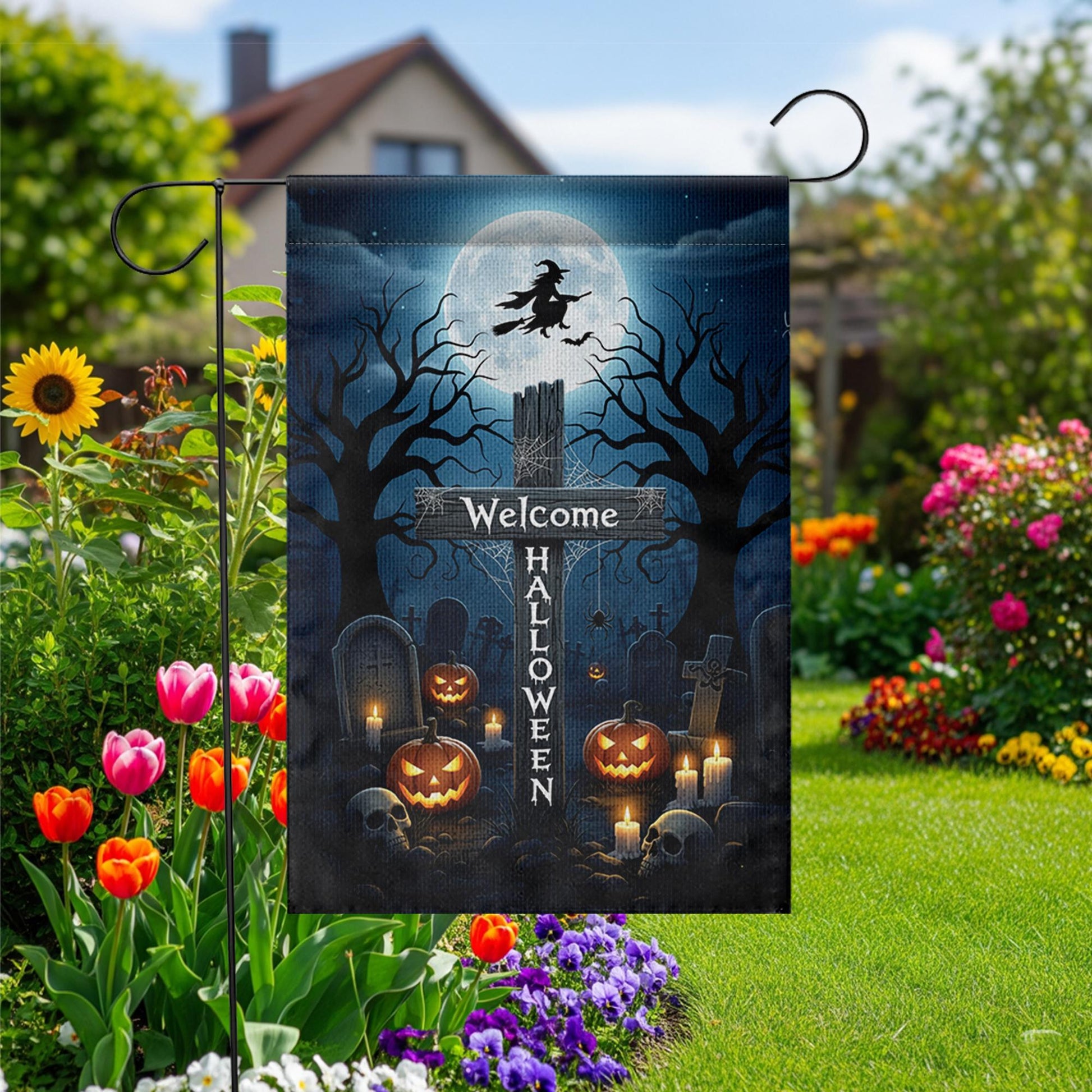 Welcome Halloween Garden Flag, Witch & Moon Yard Decor, Spooky Graveyard Pumpkin Banner, Outdoor Fall Decoration