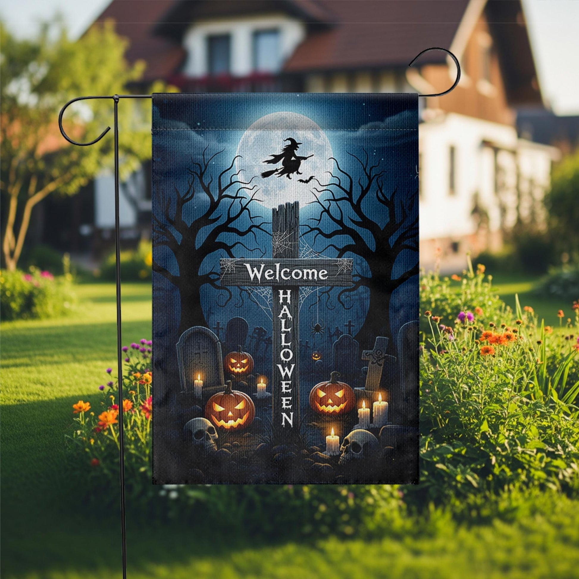 Welcome Halloween Garden Flag, Witch & Moon Yard Decor, Spooky Graveyard Pumpkin Banner, Outdoor Fall Decoration