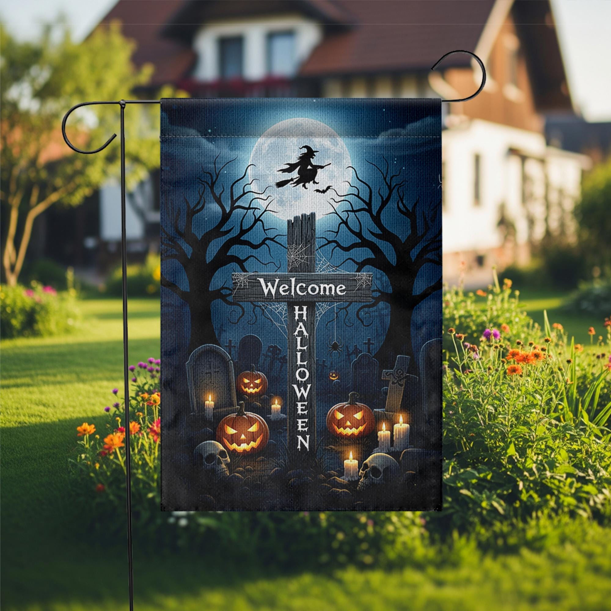 Welcome Halloween Garden Flag, Witch & Moon Yard Decor, Spooky Graveyard Pumpkin Banner, Outdoor Fall Decoration