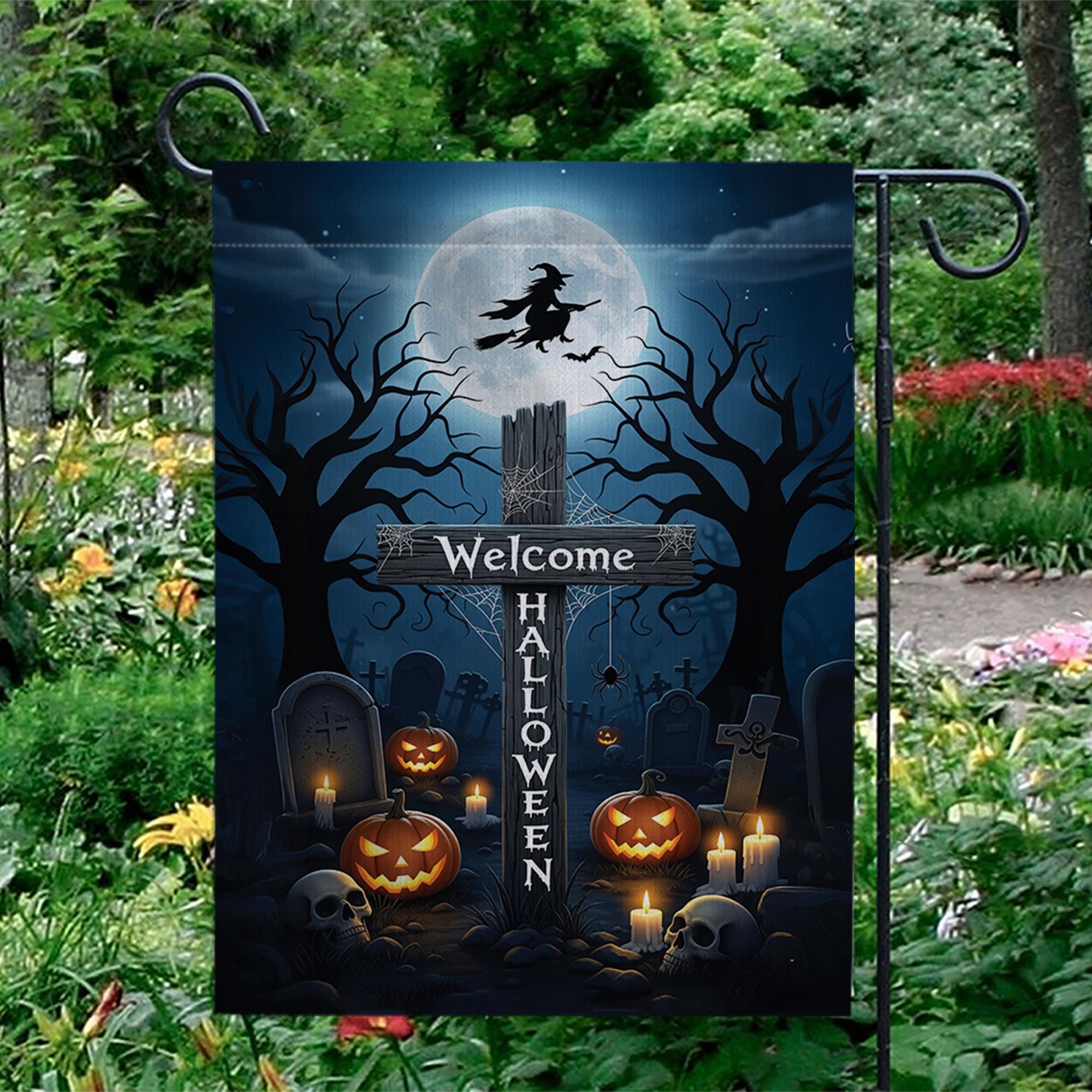 Welcome Halloween Garden Flag, Witch & Moon Yard Decor, Spooky Graveyard Pumpkin Banner, Outdoor Fall Decoration