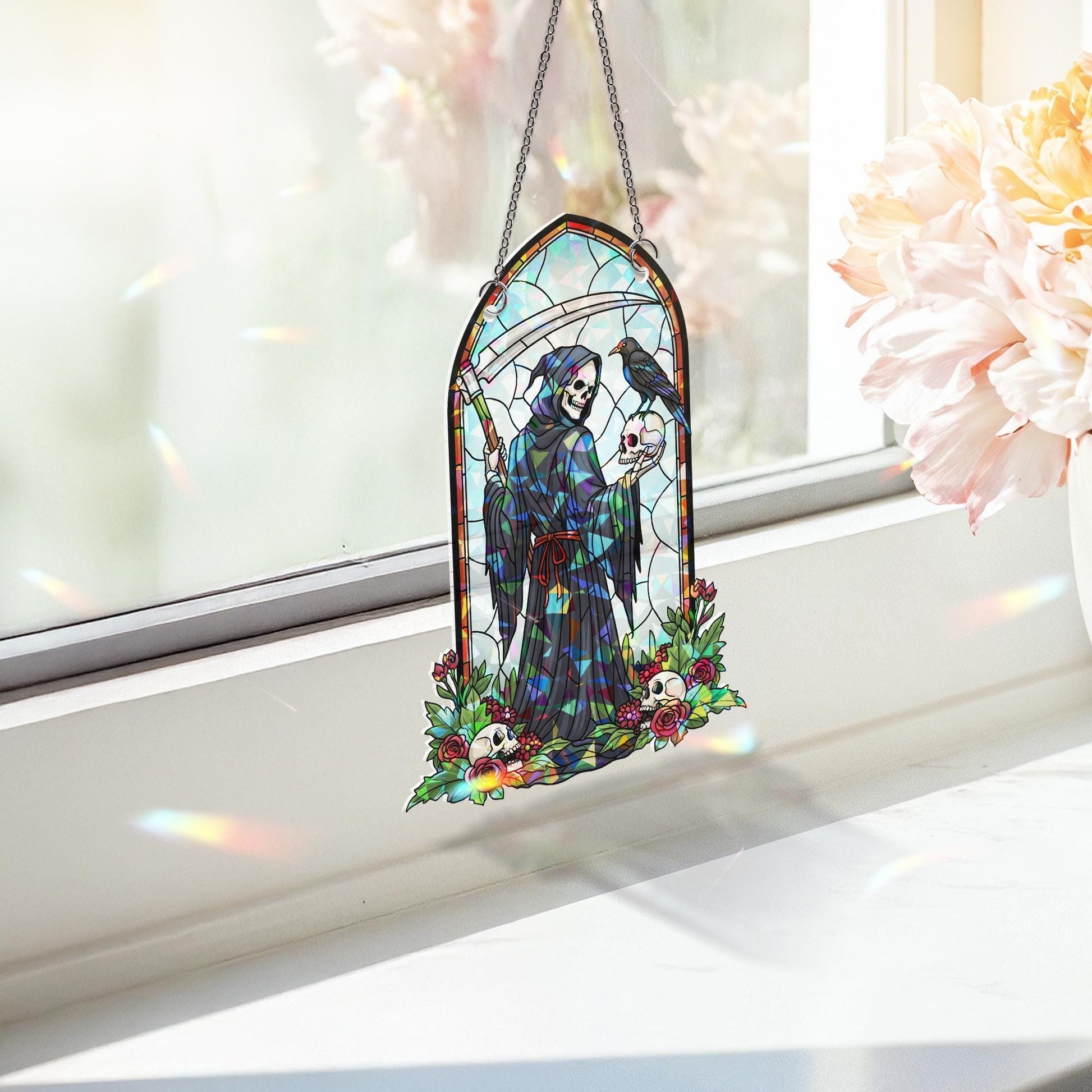Grim Reaper Stained Glass Suncatcher, Halloween Death & Skull Art, Gothic Window Decor, Spooky Home Gift