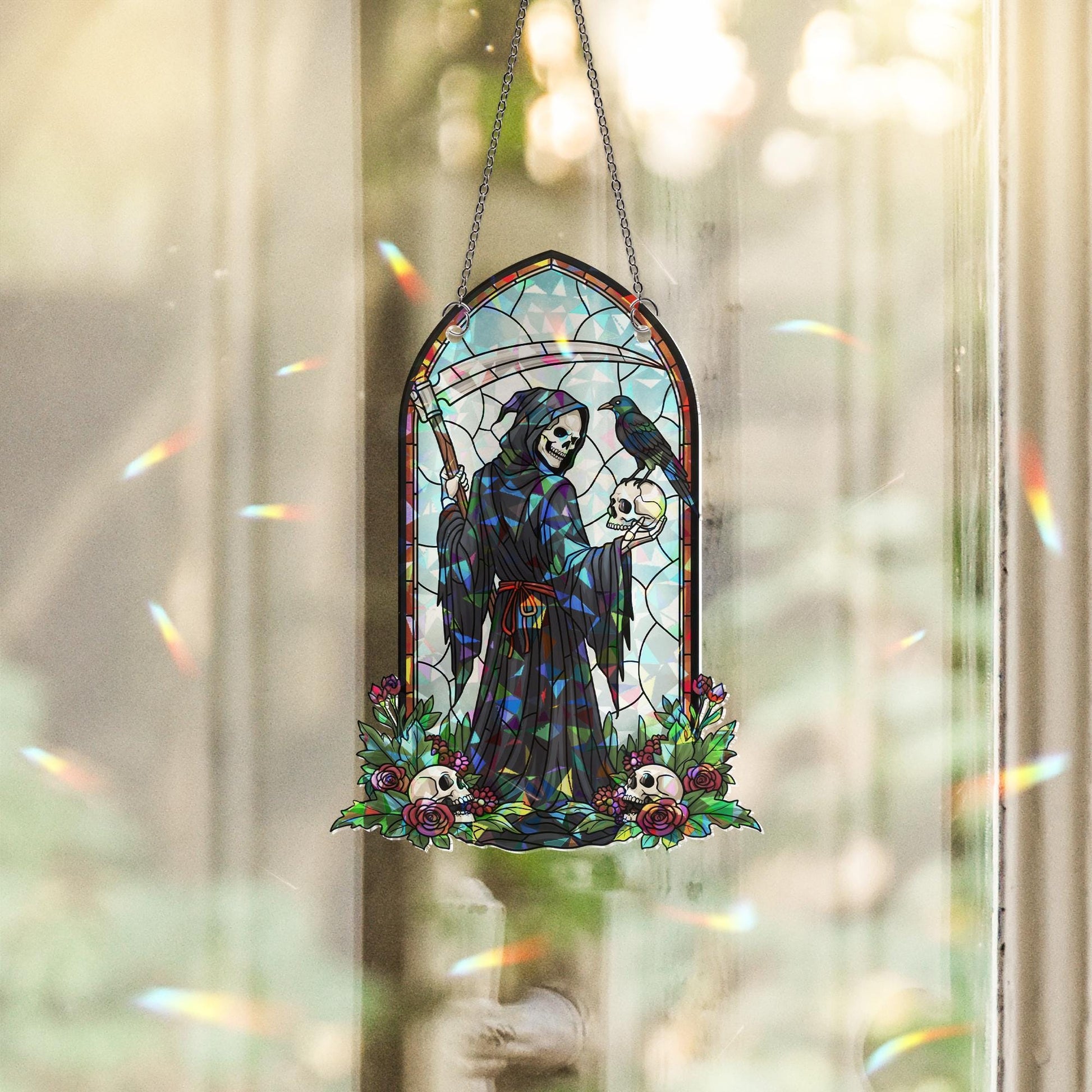 Grim Reaper Stained Glass Suncatcher, Halloween Death & Skull Art, Gothic Window Decor, Spooky Home Gift