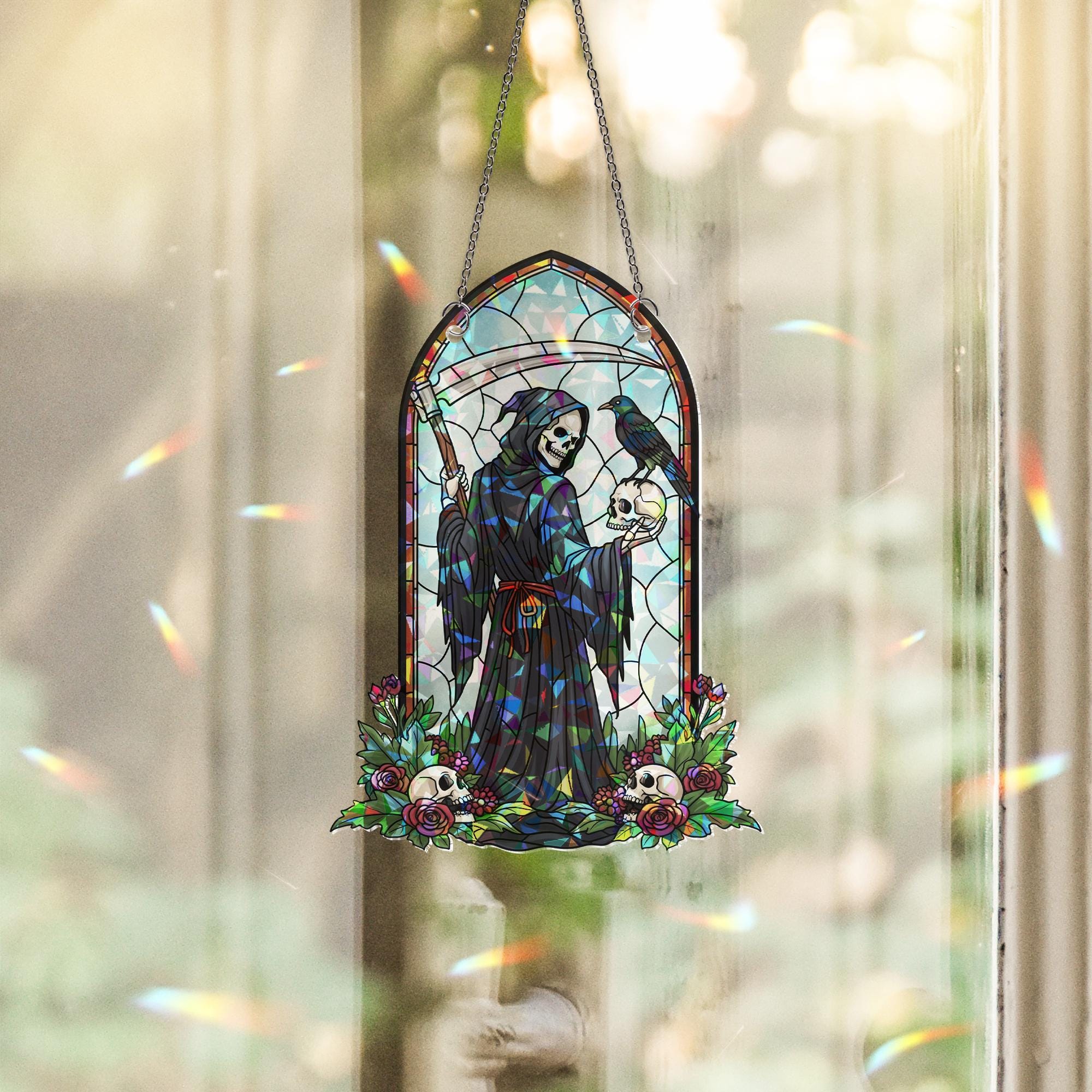 Grim Reaper Stained Glass Suncatcher, Halloween Death & Skull Art, Gothic Window Decor, Spooky Home Gift