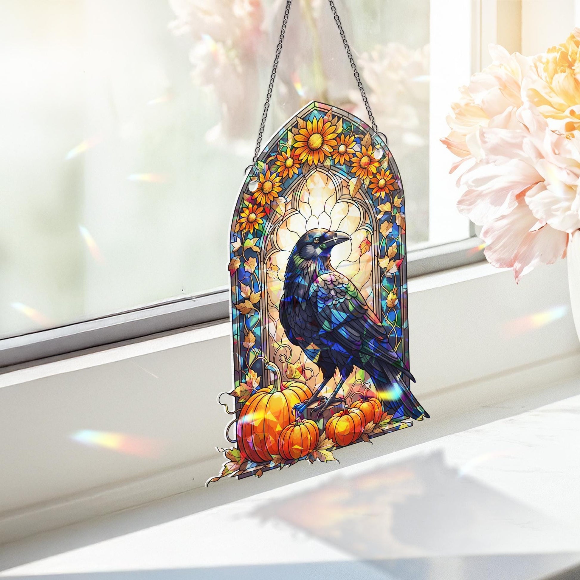 Raven & Pumpkin Stained Glass Suncatcher, Halloween Fall Decor, Crow Window Art, Autumn Garden Gift