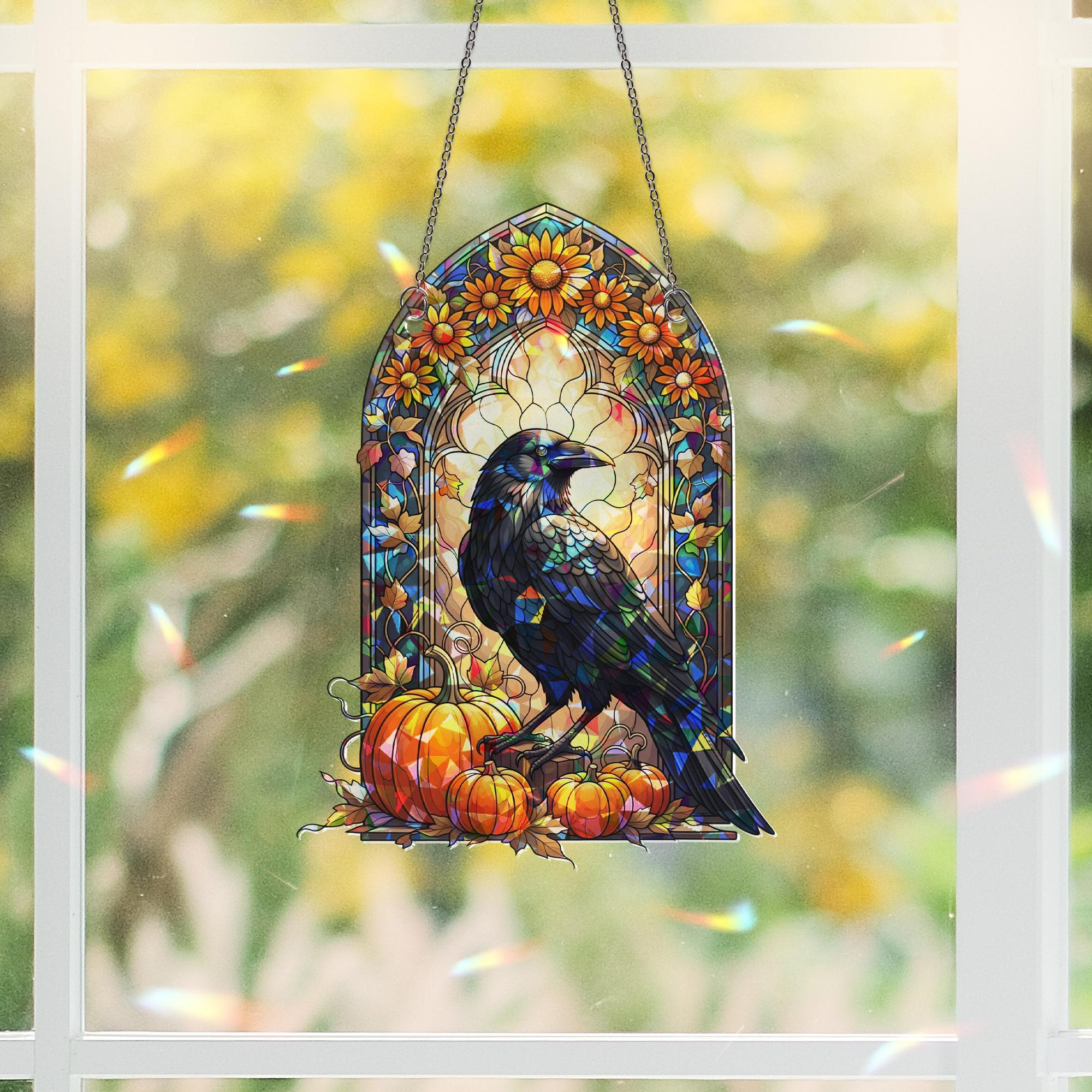 Raven & Pumpkin Stained Glass Suncatcher, Halloween Fall Decor, Crow Window Art, Autumn Garden Gift
