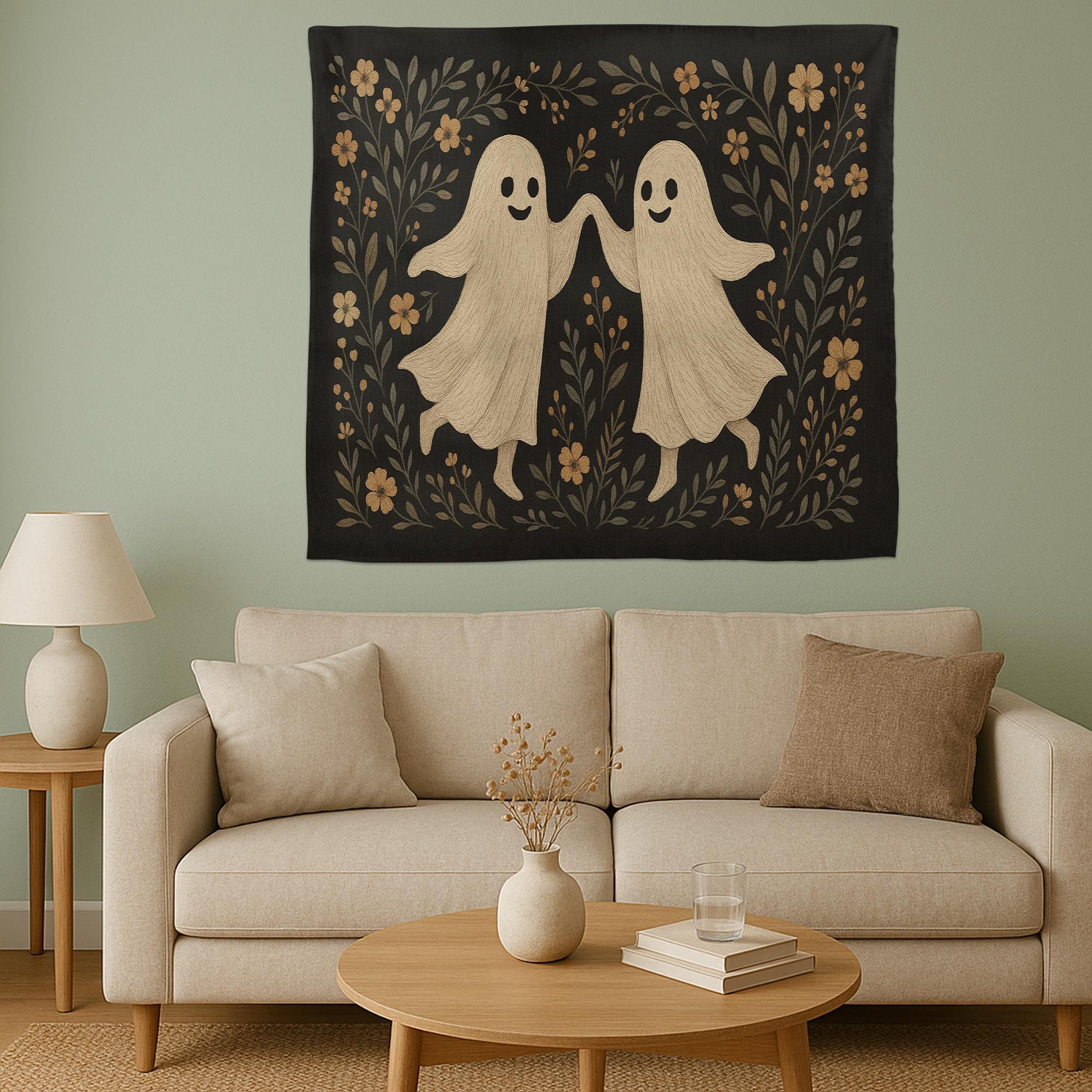 Dancing Ghosts Tapestry, Vintage Halloween Wall Decor, Cute Spooky Boho Ghost Art, Floral Gothic Home Accent, Fall Witchy Gift
