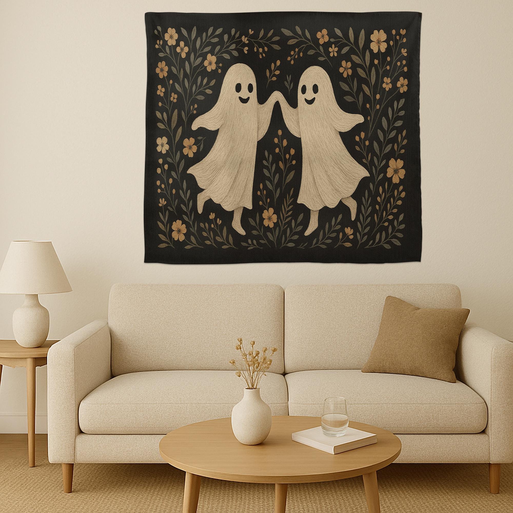 Dancing Ghosts Tapestry, Vintage Halloween Wall Decor, Cute Spooky Boho Ghost Art, Floral Gothic Home Accent, Fall Witchy Gift