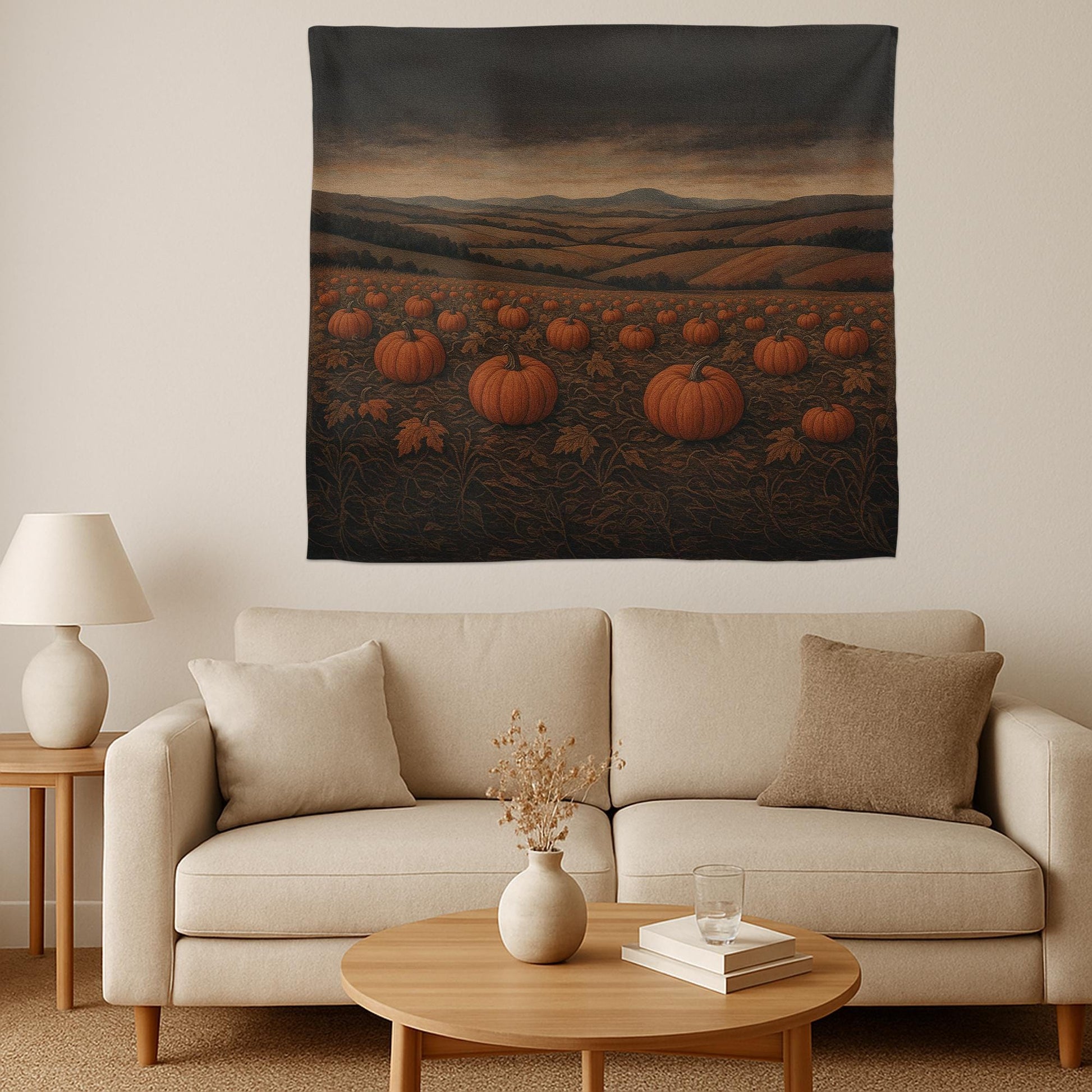 Pumpkin Patch Tapestry, Rustic Fall Wall Decor, Autumn Farm Landscape Art, Cozy Halloween Harvest Scene, Country Cottage Accent