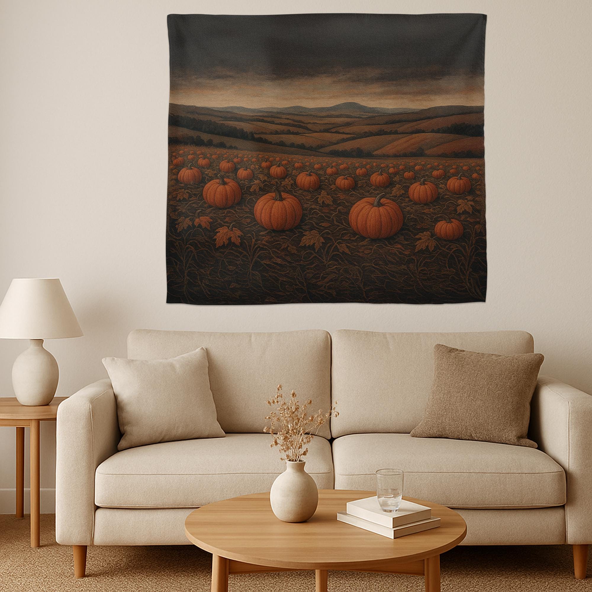 Pumpkin Patch Tapestry, Rustic Fall Wall Decor, Autumn Farm Landscape Art, Cozy Halloween Harvest Scene, Country Cottage Accent