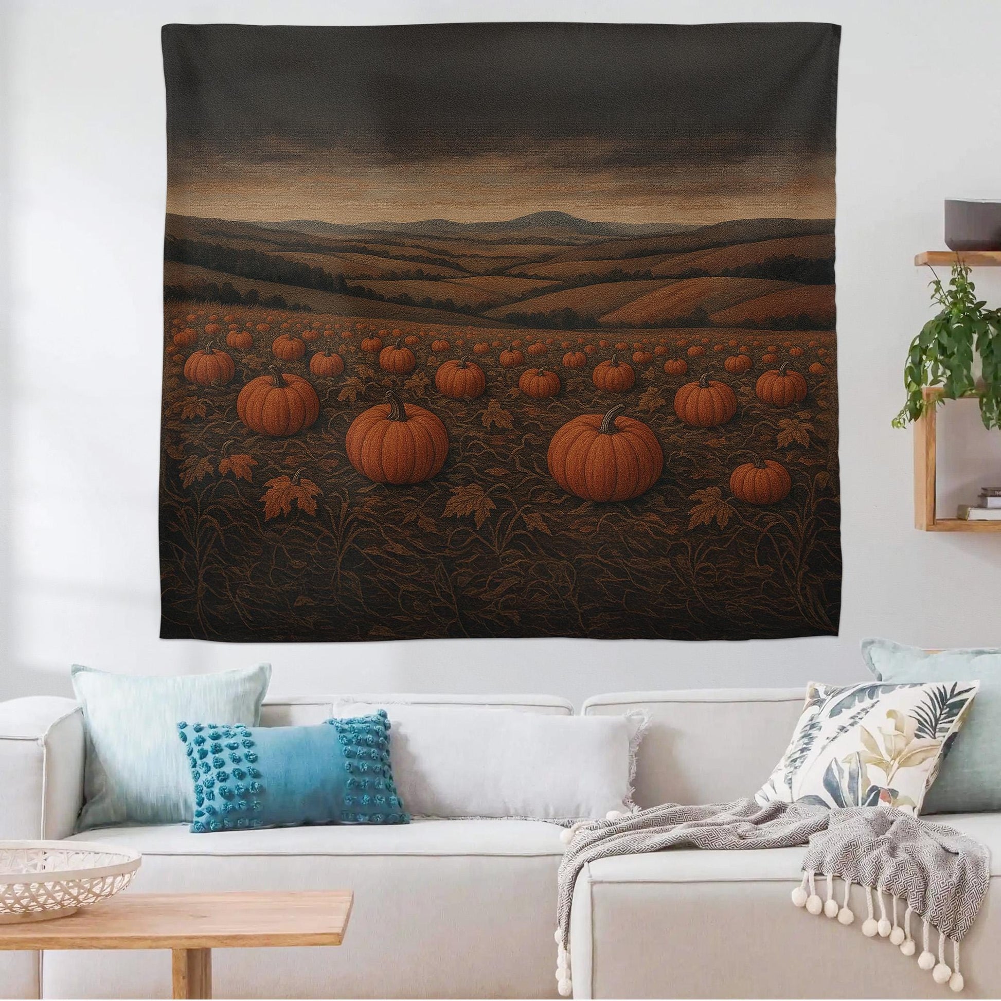 Pumpkin Patch Tapestry, Rustic Fall Wall Decor, Autumn Farm Landscape Art, Cozy Halloween Harvest Scene, Country Cottage Accent