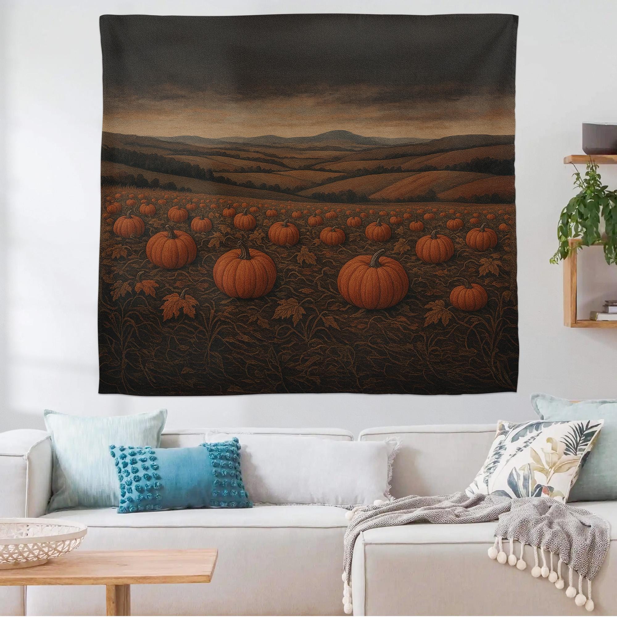 Pumpkin Patch Tapestry, Rustic Fall Wall Decor, Autumn Farm Landscape Art, Cozy Halloween Harvest Scene, Country Cottage Accent