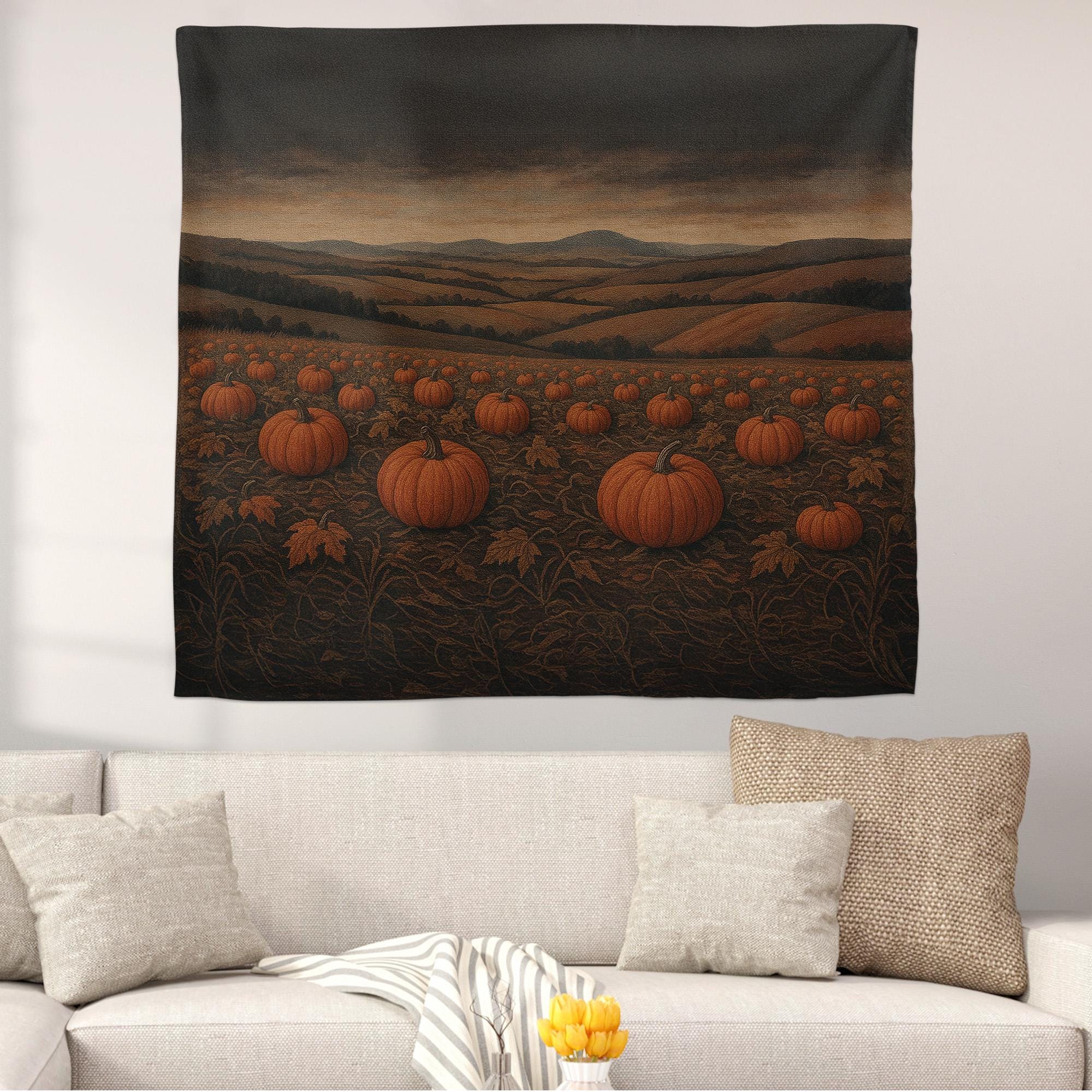 Pumpkin Patch Tapestry, Rustic Fall Wall Decor, Autumn Farm Landscape Art, Cozy Halloween Harvest Scene, Country Cottage Accent