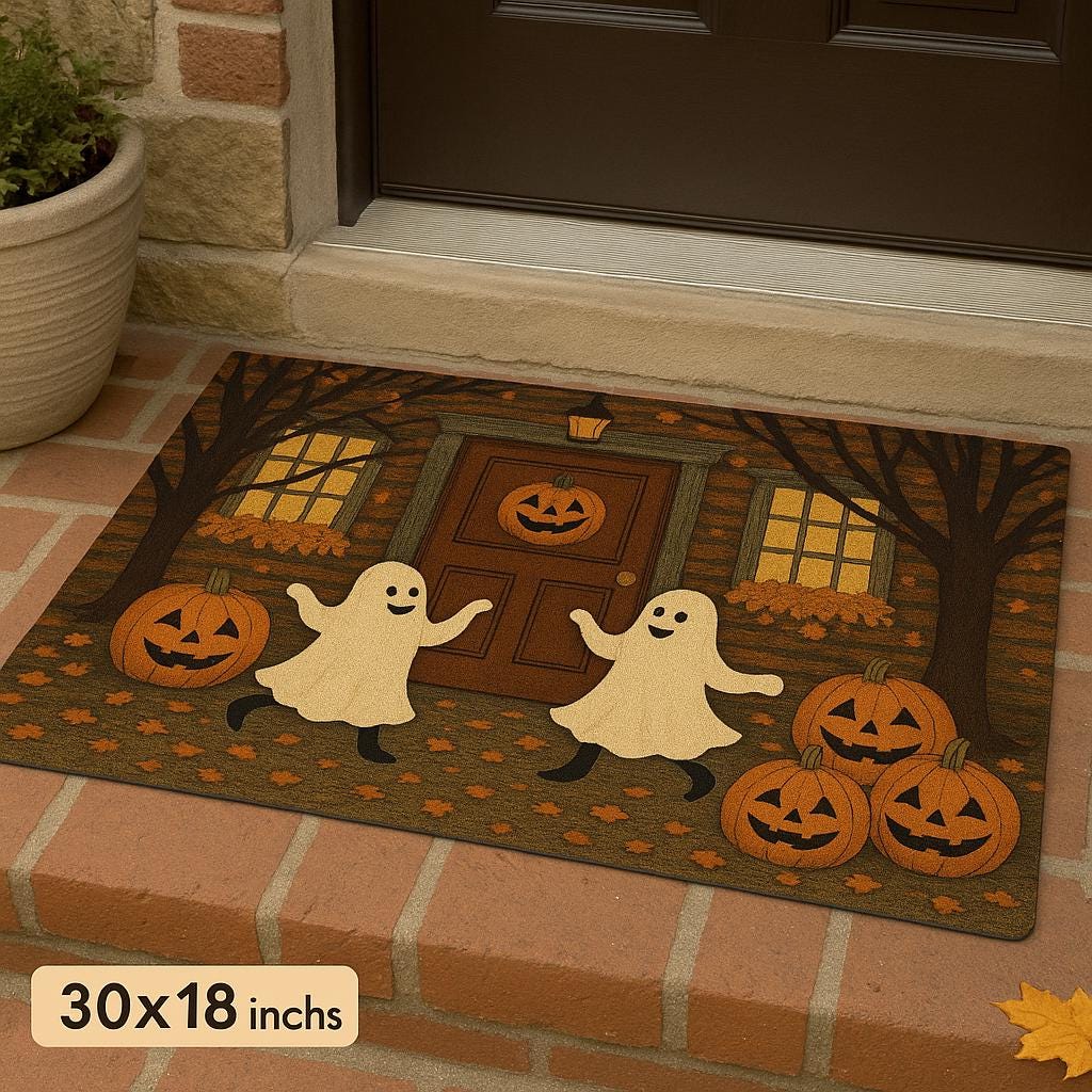 Halloween Ghost Pumpkin Doormat, Fall Front Porch Mat, Cute Spooky Outdoor Rug, Trick or Treat Door Decor for Halloween