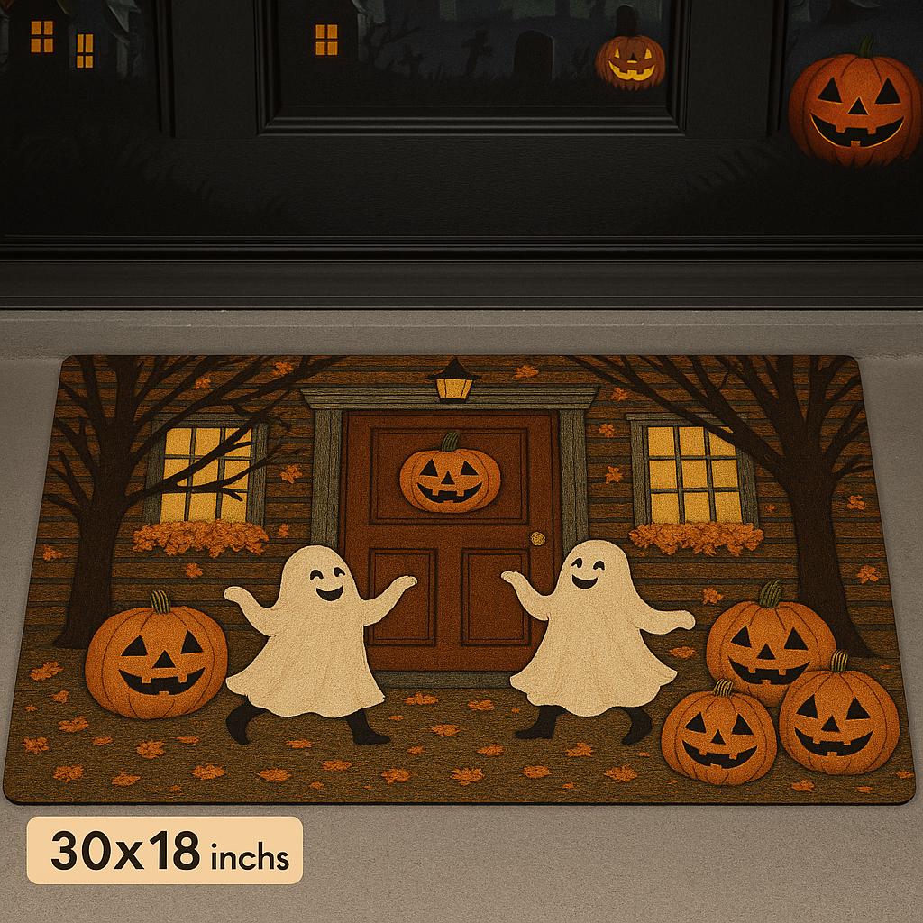 Halloween Ghost Pumpkin Doormat, Fall Front Porch Mat, Cute Spooky Outdoor Rug, Trick or Treat Door Decor for Halloween