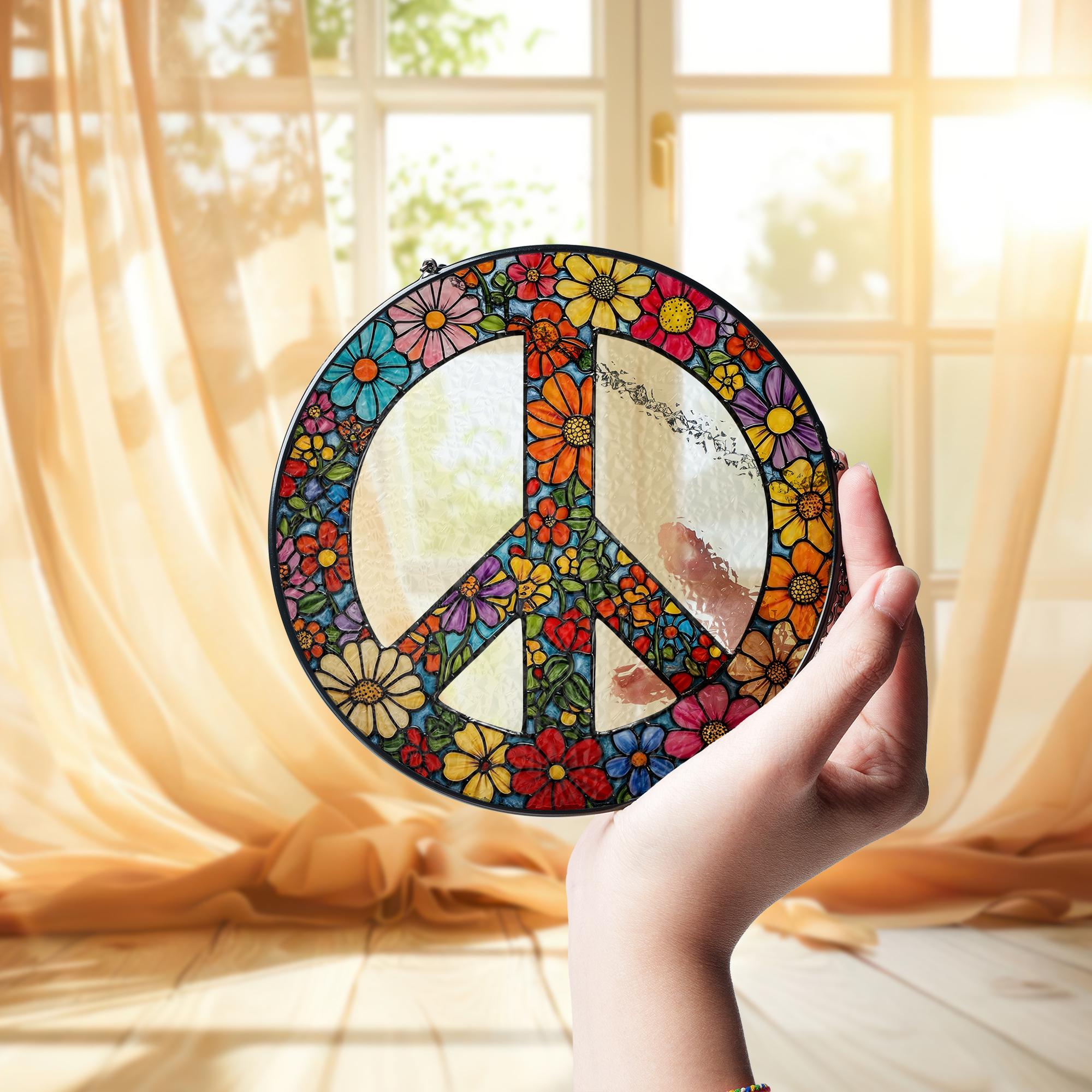 Floral Peace Sign Glass Suncatcher, Boho Window Hanging, Hippie Gift, Colorful Flower Panel, Retro Glass Art Home Decor