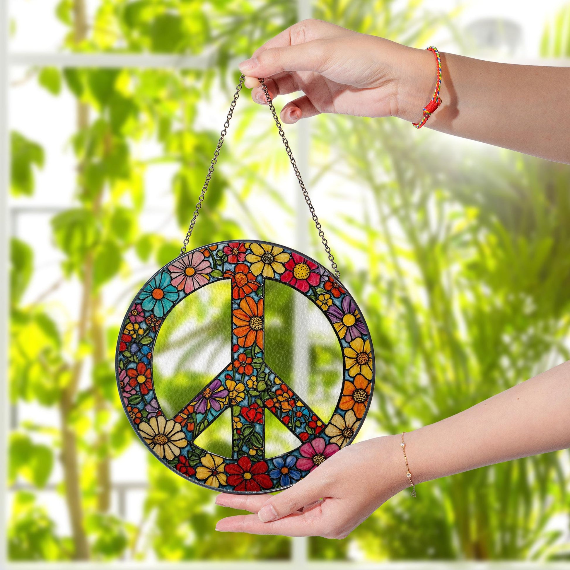 Floral Peace Sign Glass Suncatcher, Boho Window Hanging, Hippie Gift, Colorful Flower Panel, Retro Glass Art Home Decor