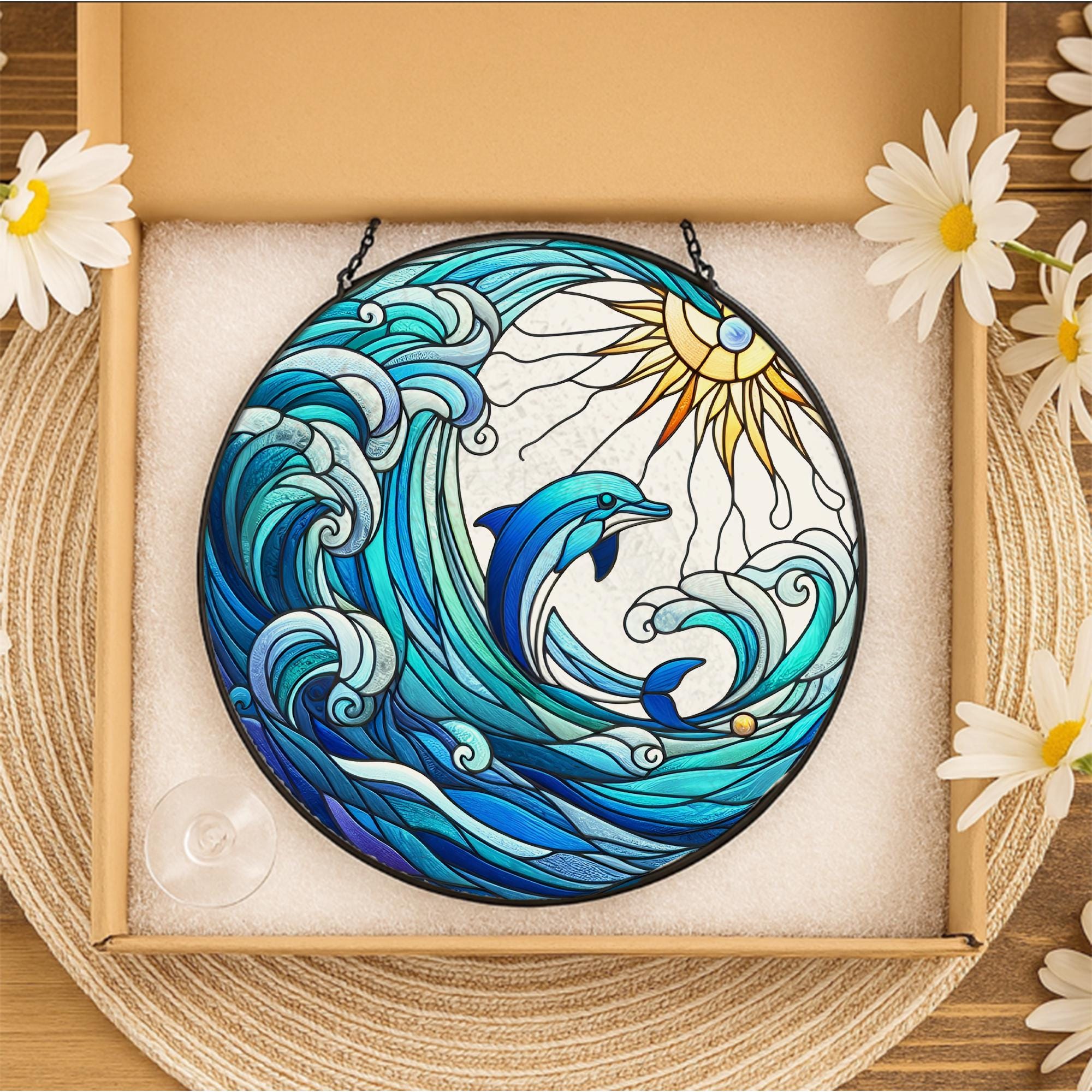 Dolphin Ocean Wave Glass Suncatcher, Coastal Window Hanging, Beach House Decor, Sun and Sea Nautical Glass Art Gift