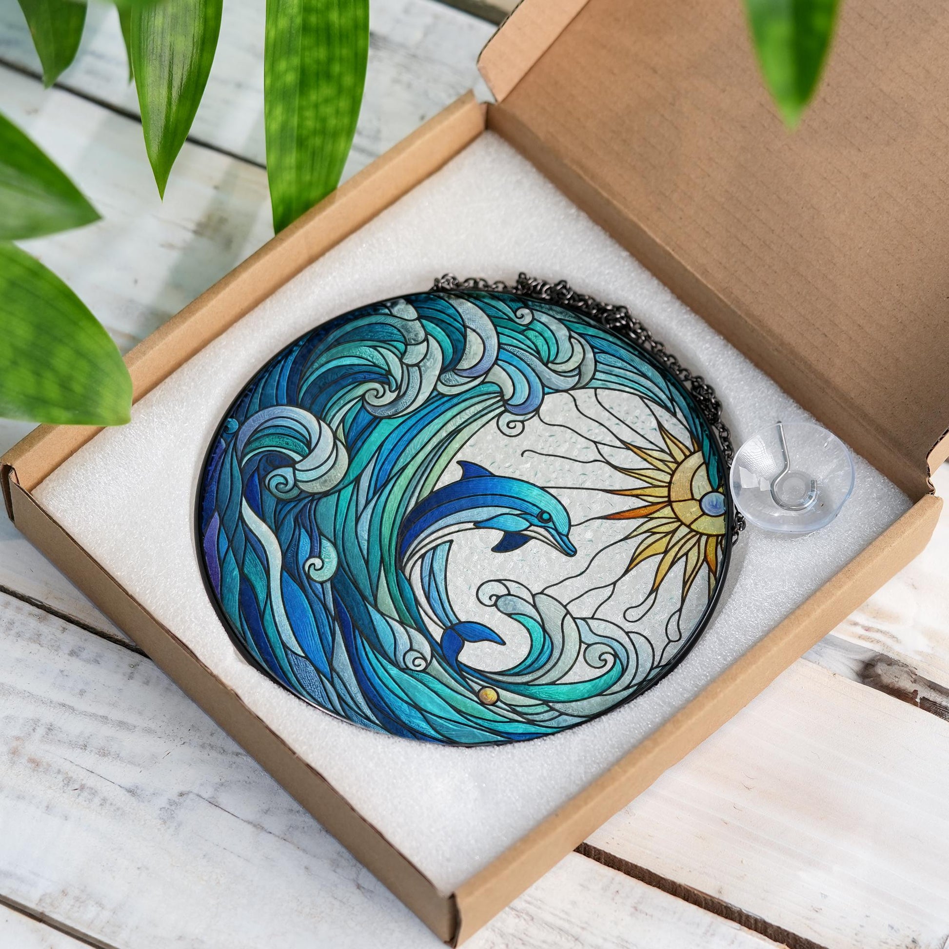 Dolphin Ocean Wave Glass Suncatcher, Coastal Window Hanging, Beach House Decor, Sun and Sea Nautical Glass Art Gift