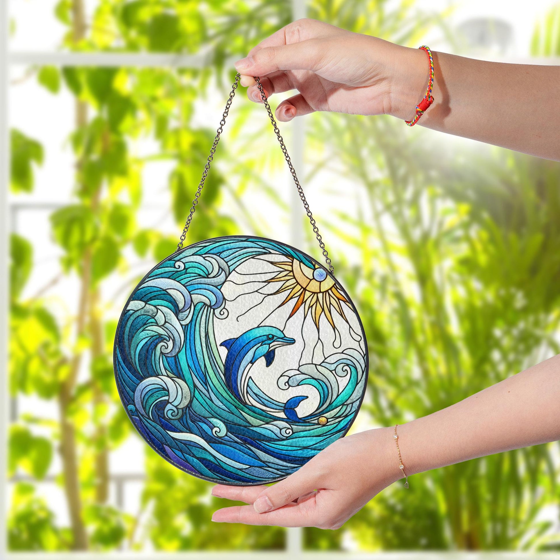 Dolphin Ocean Wave Glass Suncatcher, Coastal Window Hanging, Beach House Decor, Sun and Sea Nautical Glass Art Gift