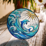 Dolphin Ocean Wave Glass Suncatcher, Coastal Window Hanging, Beach House Decor, Sun and Sea Nautical Glass Art Gift