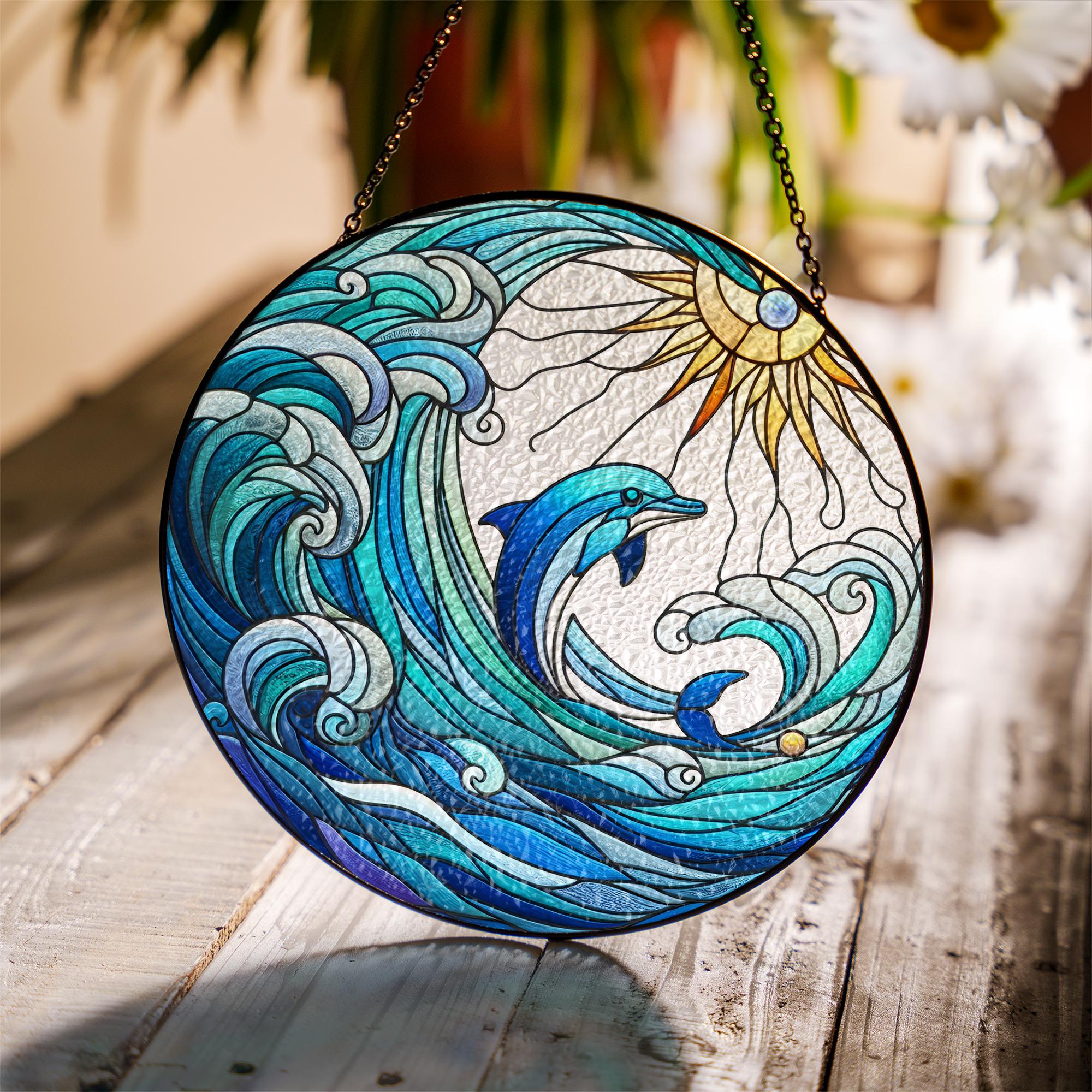 Dolphin Ocean Wave Glass Suncatcher, Coastal Window Hanging, Beach House Decor, Sun and Sea Nautical Glass Art Gift