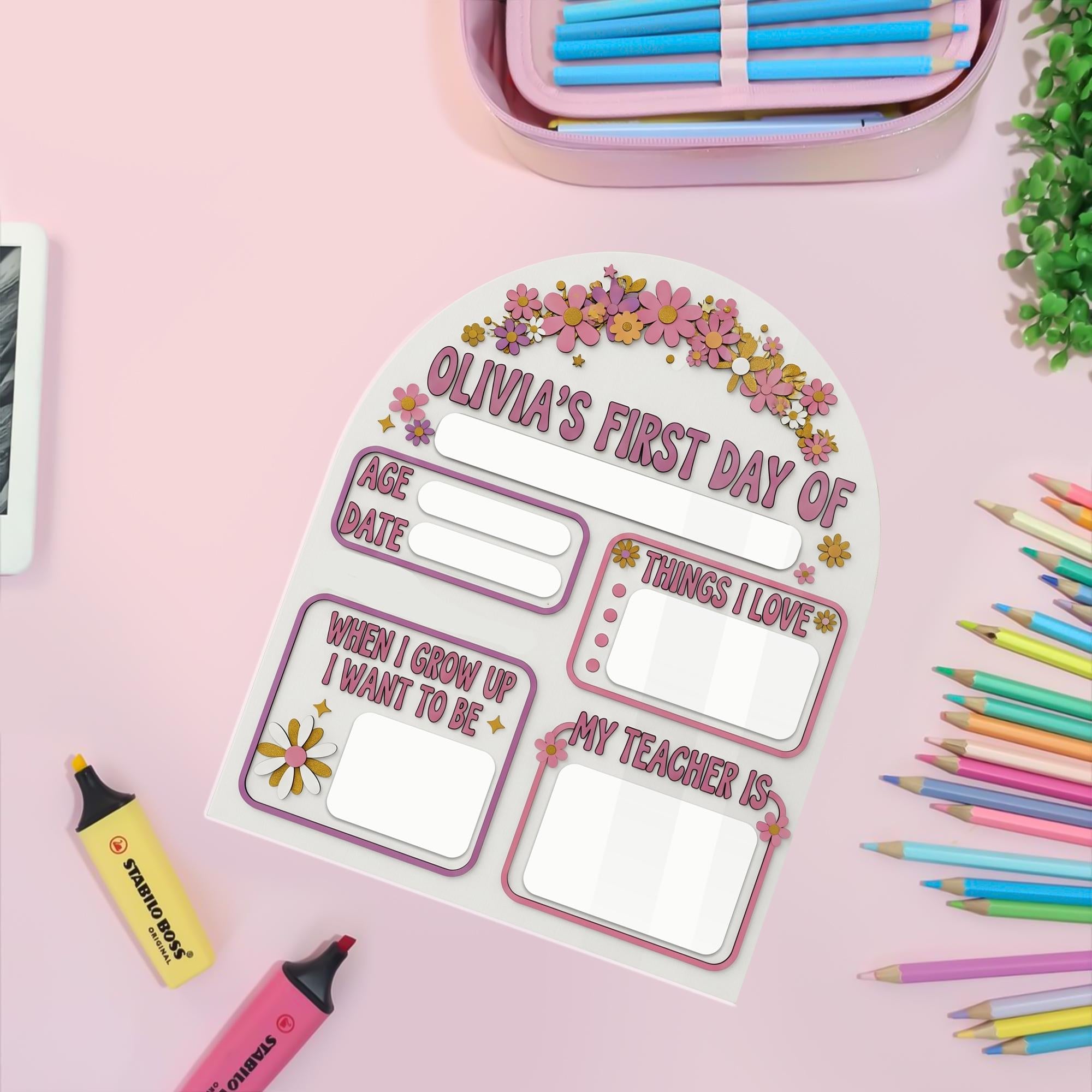 Floral First Day of School Board, Personalized Back to School Sign for Girls, Custom Photo Prop, Reusable Milestone Keepsake