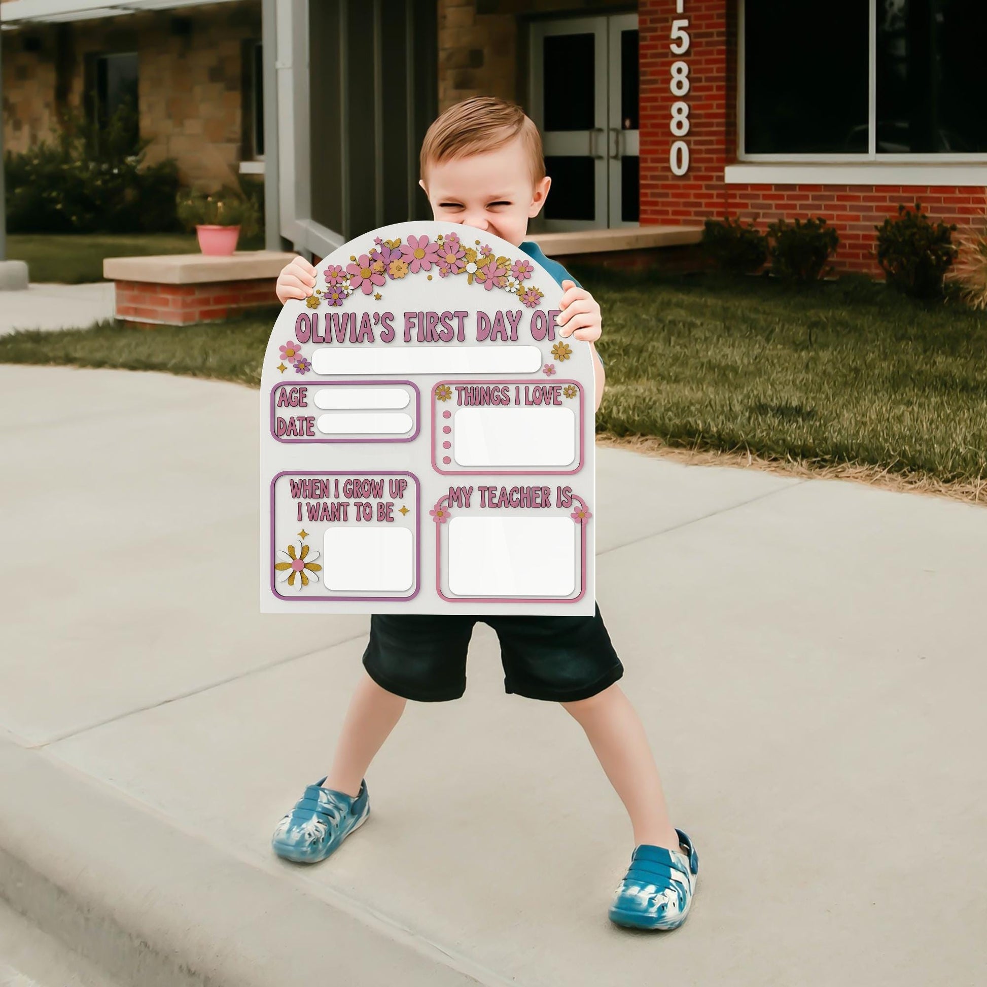Floral First Day of School Board, Personalized Back to School Sign for Girls, Custom Photo Prop, Reusable Milestone Keepsake