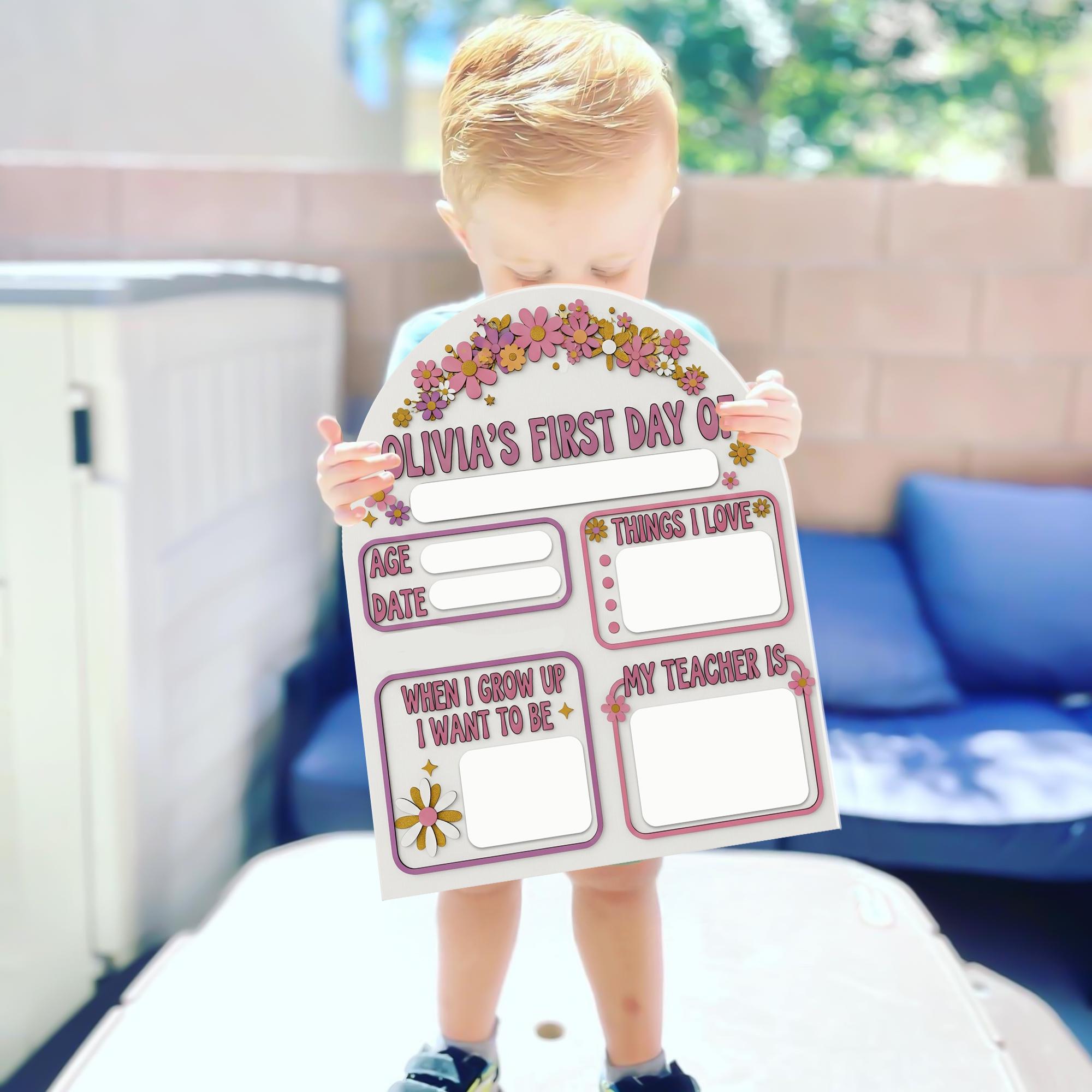 Floral First Day of School Board, Personalized Back to School Sign for Girls, Custom Photo Prop, Reusable Milestone Keepsake