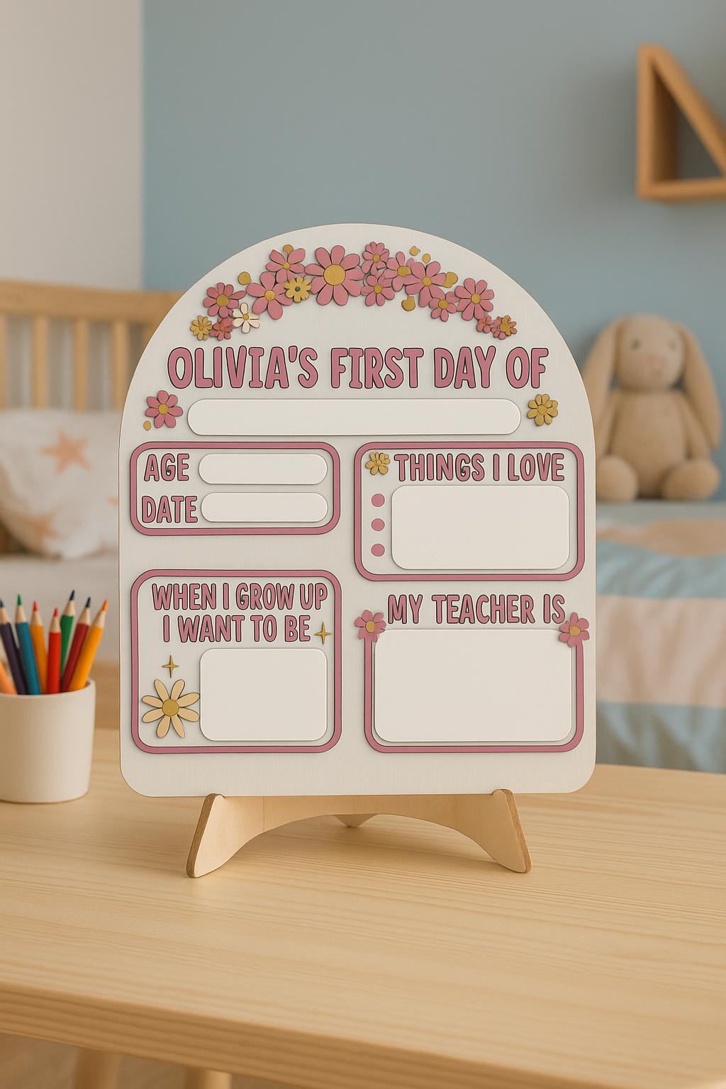 Floral First Day of School Board, Personalized Back to School Sign for Girls, Custom Photo Prop, Reusable Milestone Keepsake