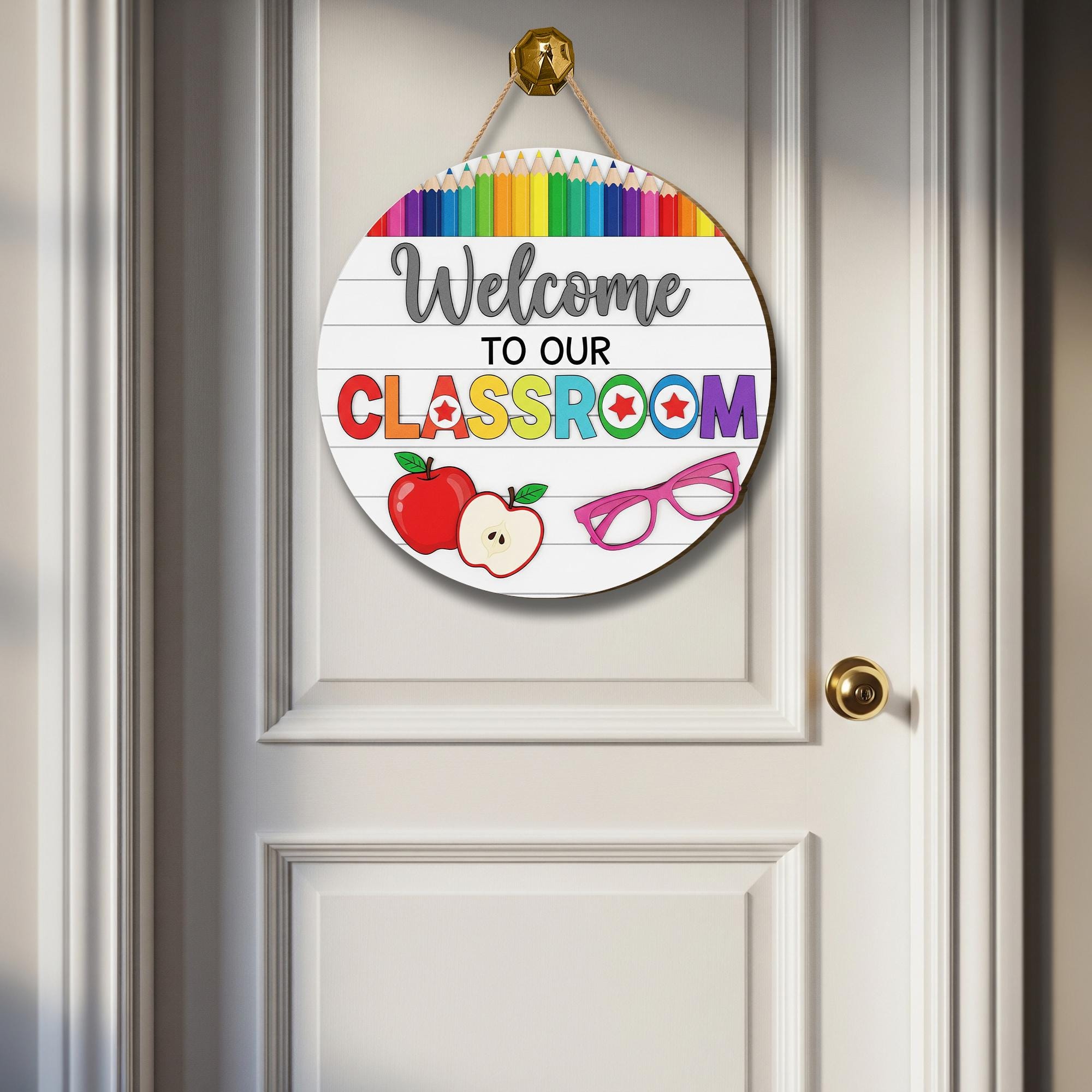 Welcome to Our Classroom 2 Layer Wooden Sign – Colorful Teacher Door Hanger – Rainbow Pencil Classroom Decor – Back to School Wall Sign