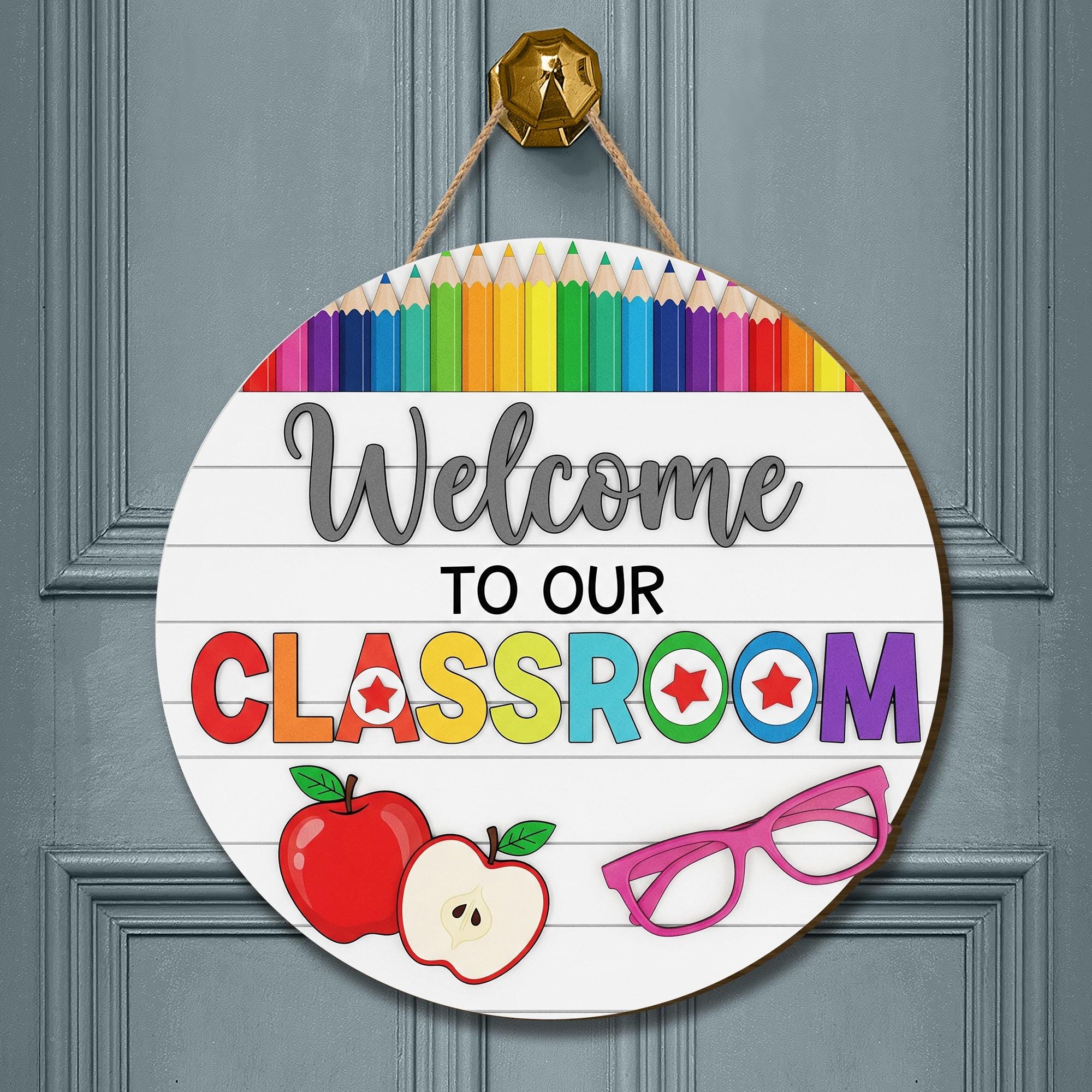 Welcome to Our Classroom 2 Layer Wooden Sign – Colorful Teacher Door Hanger – Rainbow Pencil Classroom Decor – Back to School Wall Sign