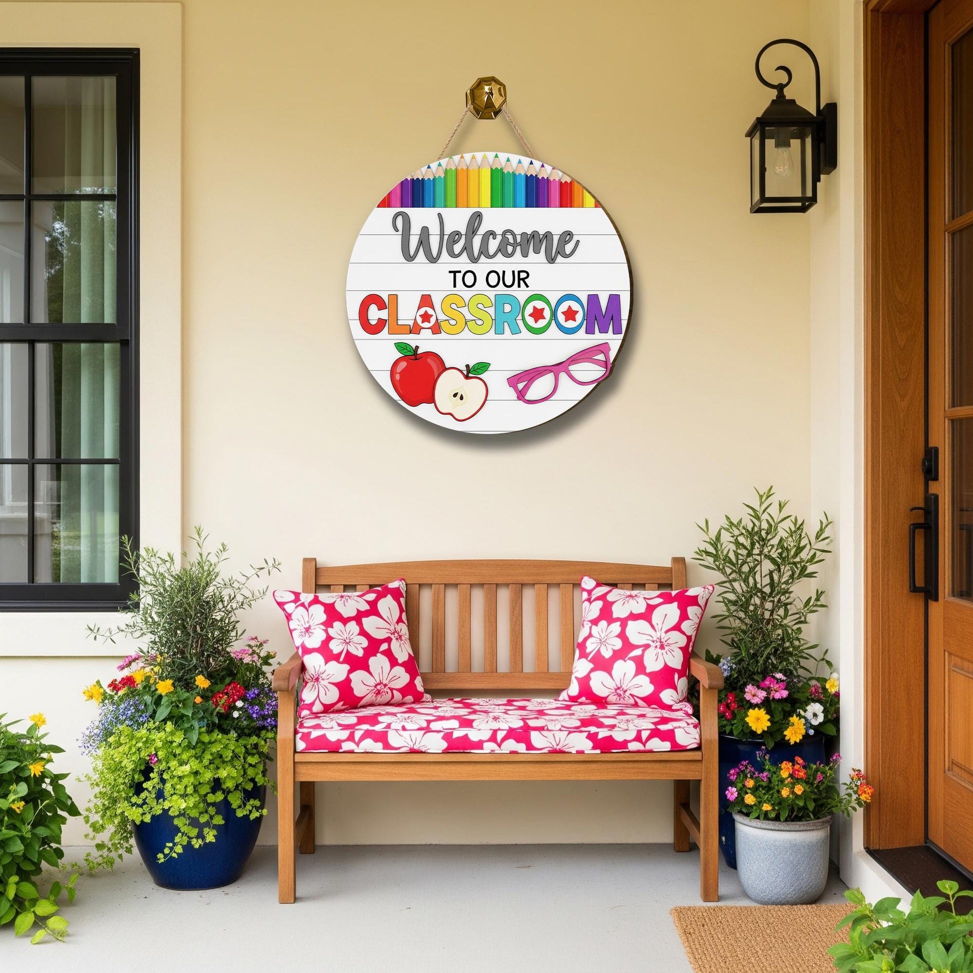 Welcome to Our Classroom 2 Layer Wooden Sign – Colorful Teacher Door Hanger – Rainbow Pencil Classroom Decor – Back to School Wall Sign
