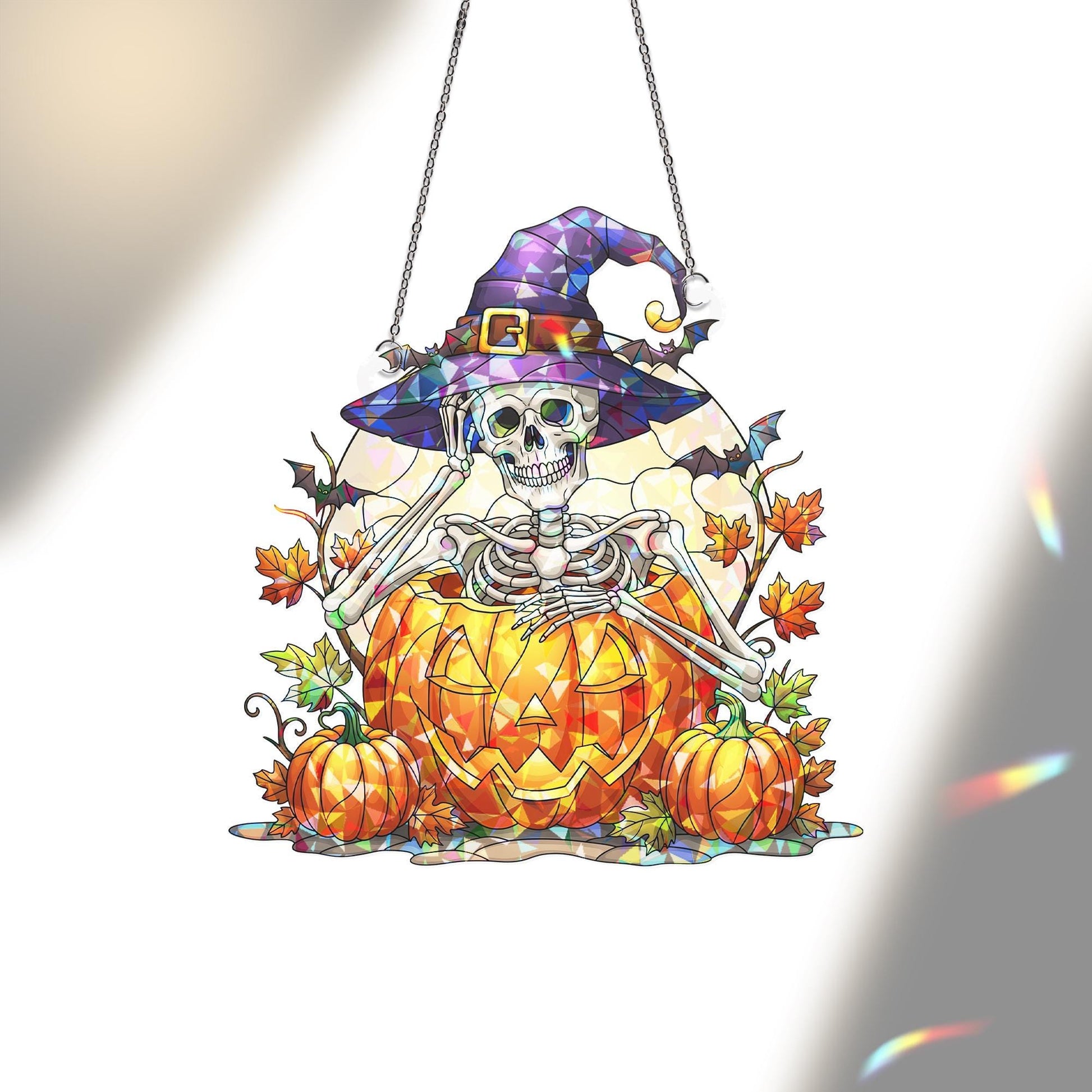 Halloween Skeleton Witch Stained Glass Window Hanging | Pumpkin Autumn Sun Catcher Decor | Spooky Cute Fall Gift