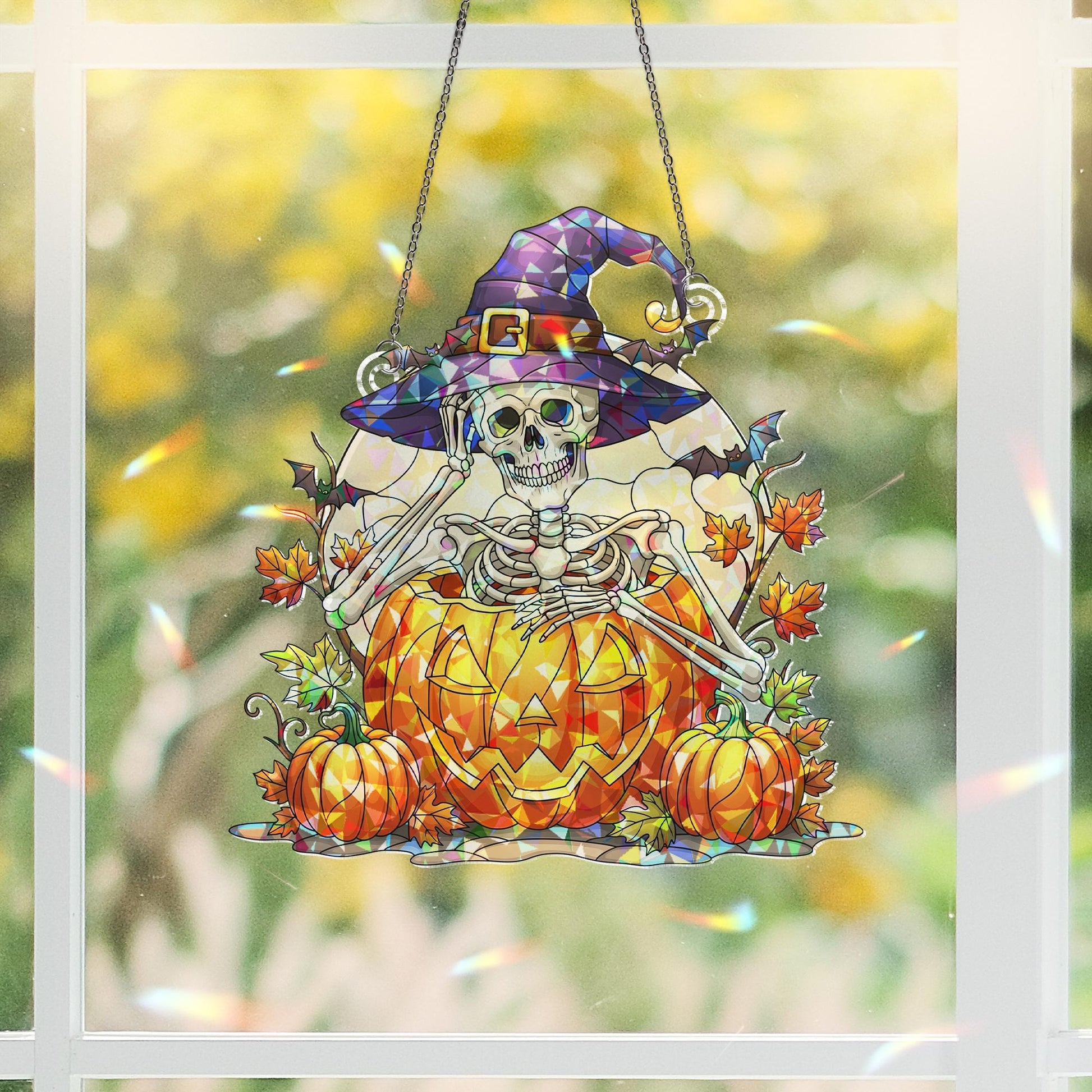 Halloween Skeleton Witch Stained Glass Window Hanging | Pumpkin Autumn Sun Catcher Decor | Spooky Cute Fall Gift