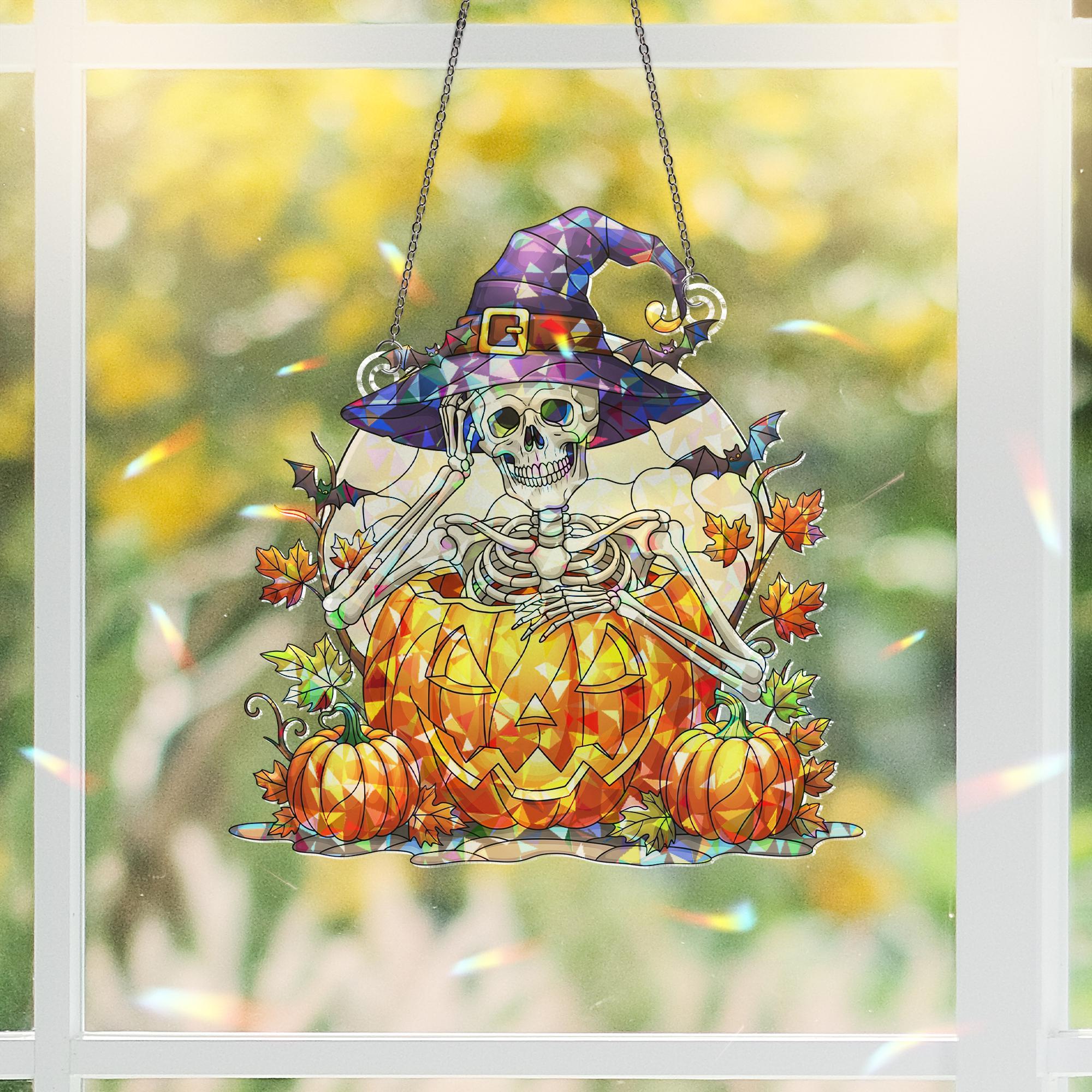 Halloween Skeleton Witch Stained Glass Window Hanging | Pumpkin Autumn Sun Catcher Decor | Spooky Cute Fall Gift