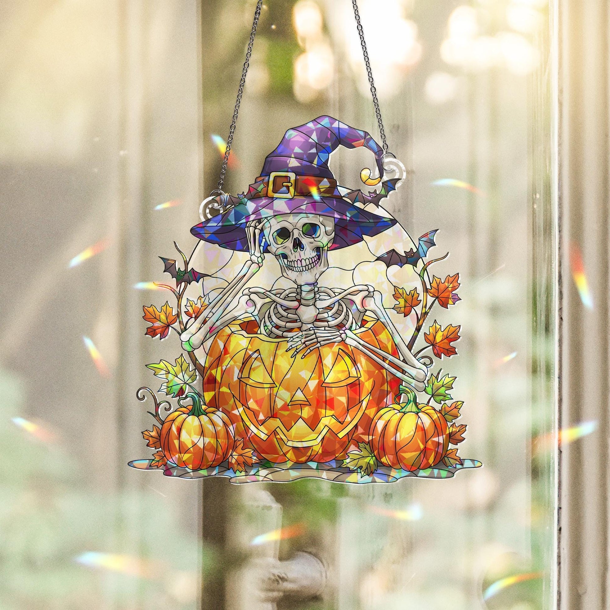 Halloween Skeleton Witch Stained Glass Window Hanging | Pumpkin Autumn Sun Catcher Decor | Spooky Cute Fall Gift