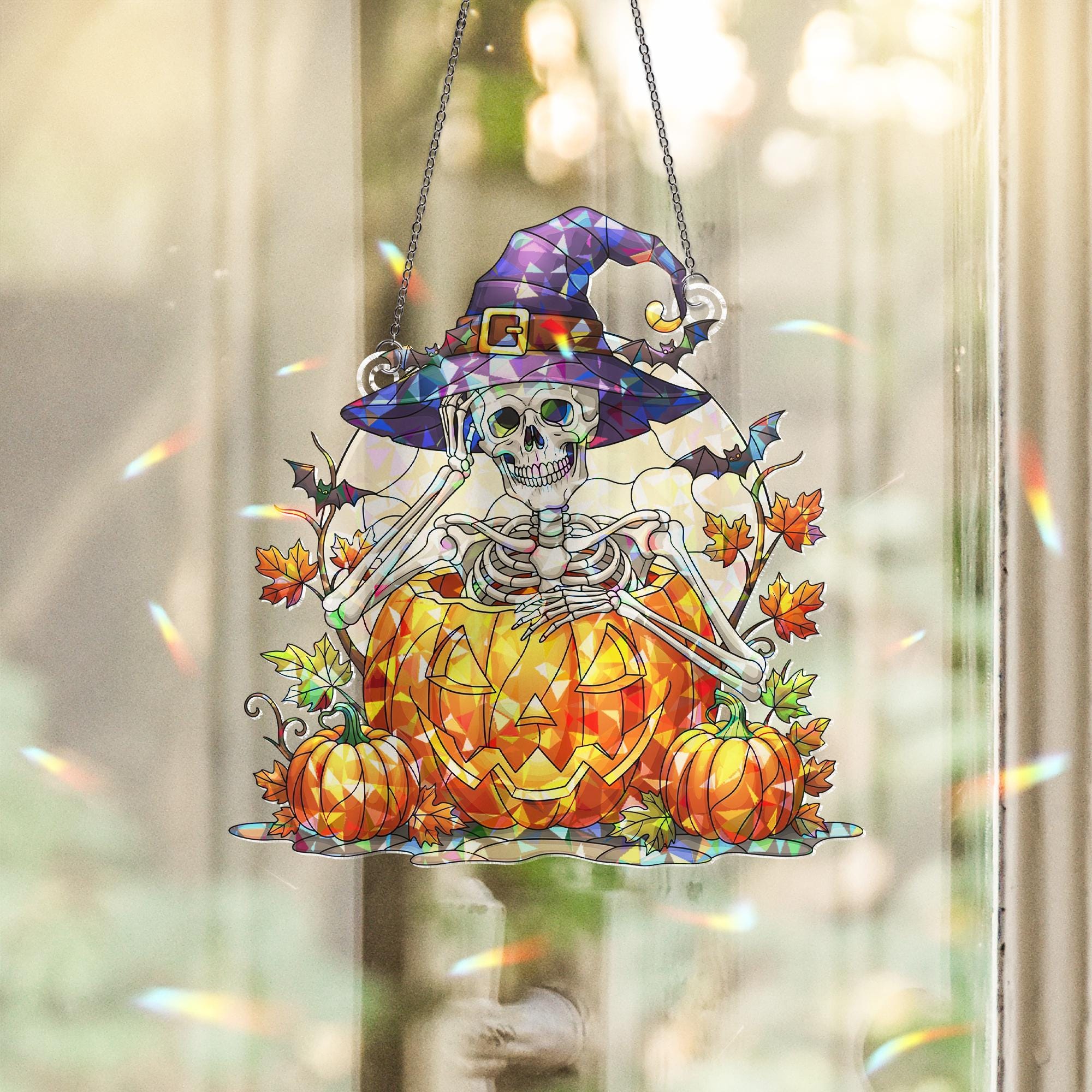 Halloween Skeleton Witch Stained Glass Window Hanging | Pumpkin Autumn Sun Catcher Decor | Spooky Cute Fall Gift