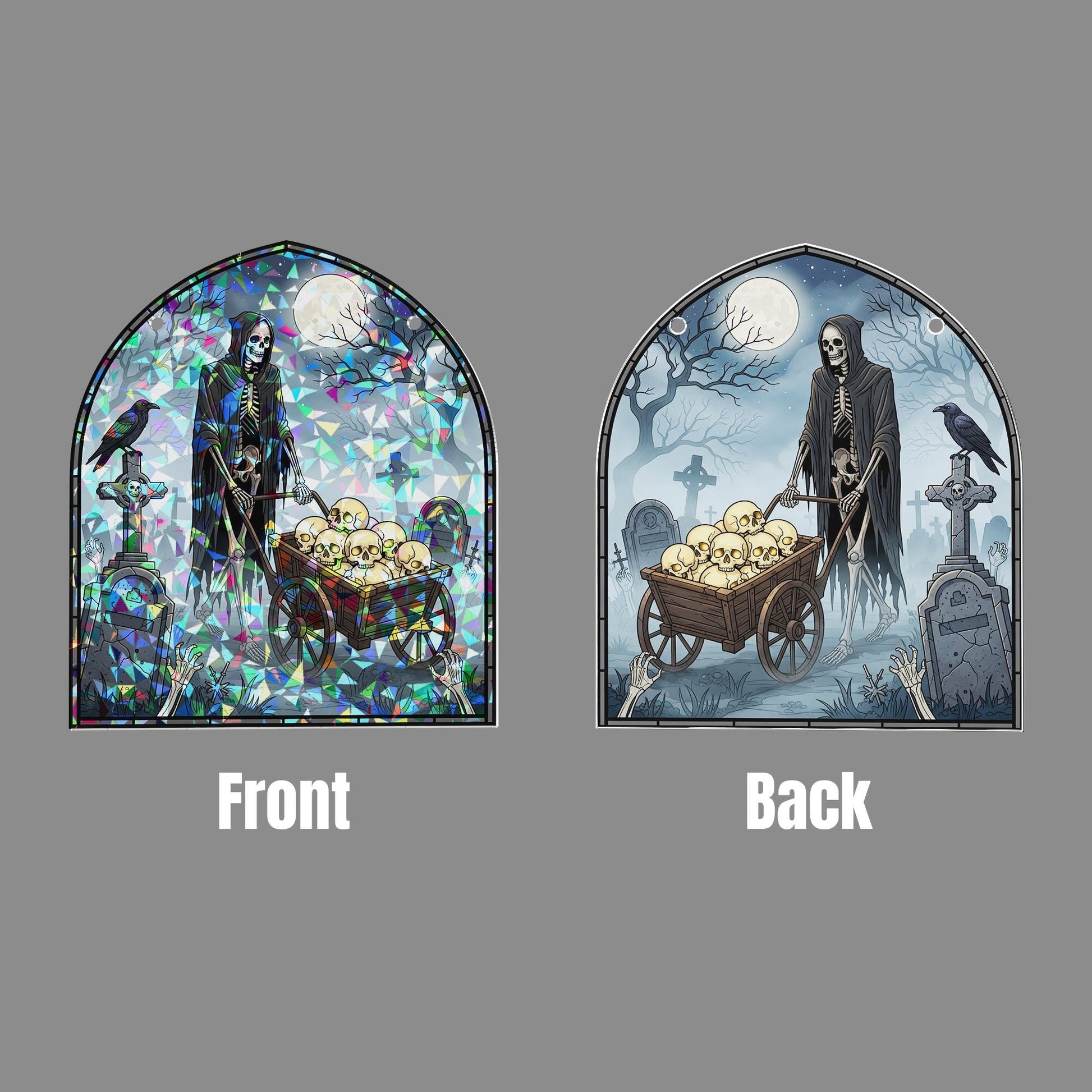 Skeleton Skull Cart Halloween Stained Glass Window Hanging | Gothic Graveyard Decor | Spooky Horror Fall Gift